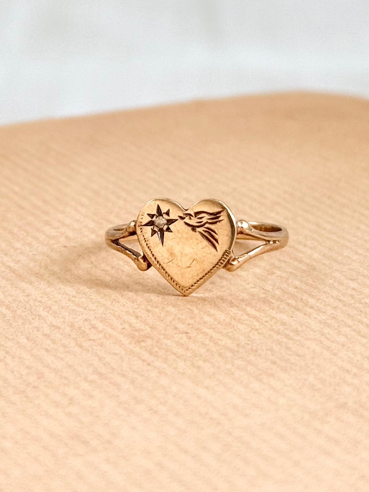 .375 .9ct gold heart token diamond starburst sweetheart love token swallow bird heart ring