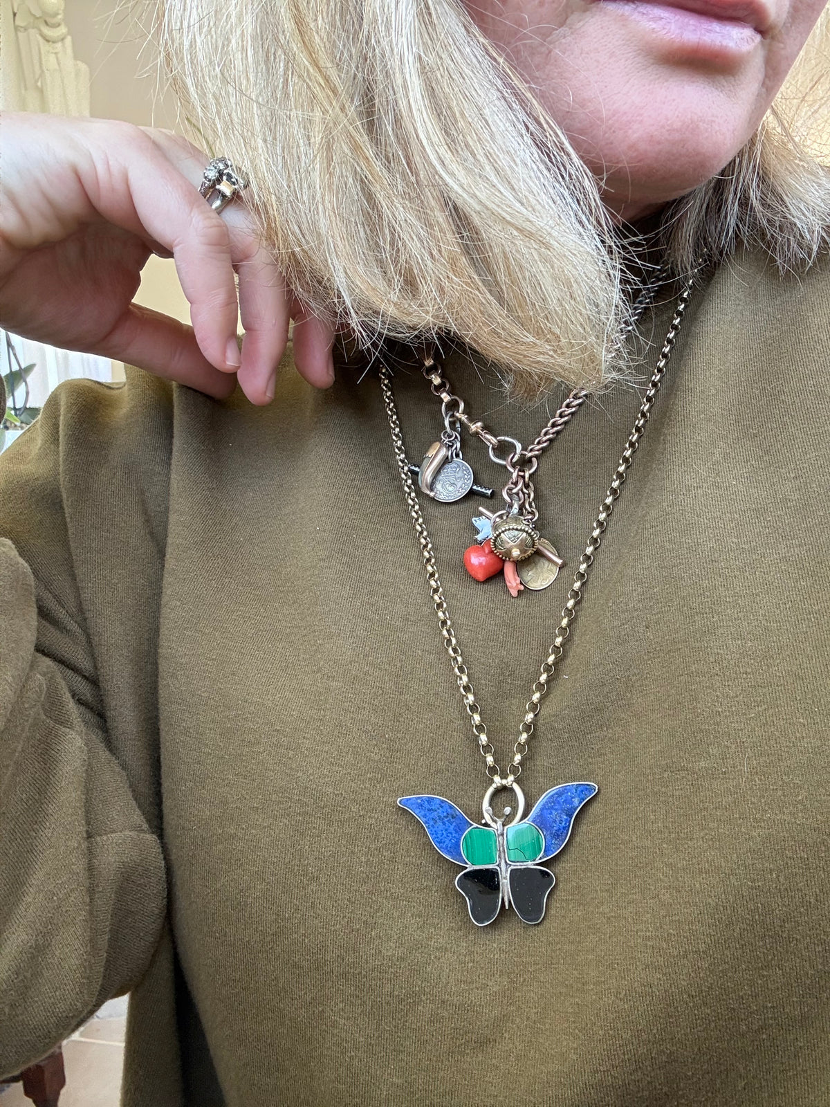 .1970s .1980s .925 South American Arts & Crafts Lapis Lazuli, Onyx, Malachite gemstone large butterfly brooch pendant treasure