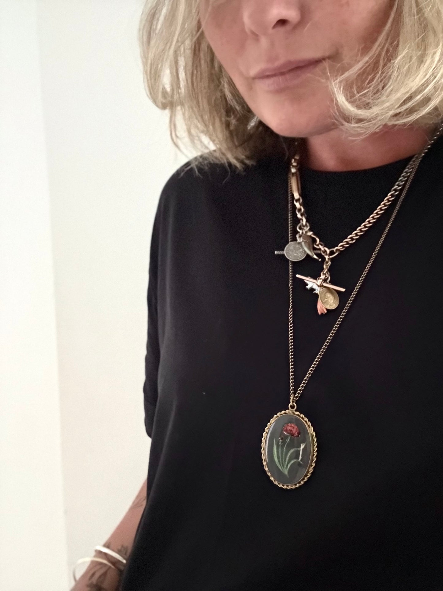 .1900s .1920s antique artisan reverse glass Carnation flower hand painted floral glass cabochon pendant