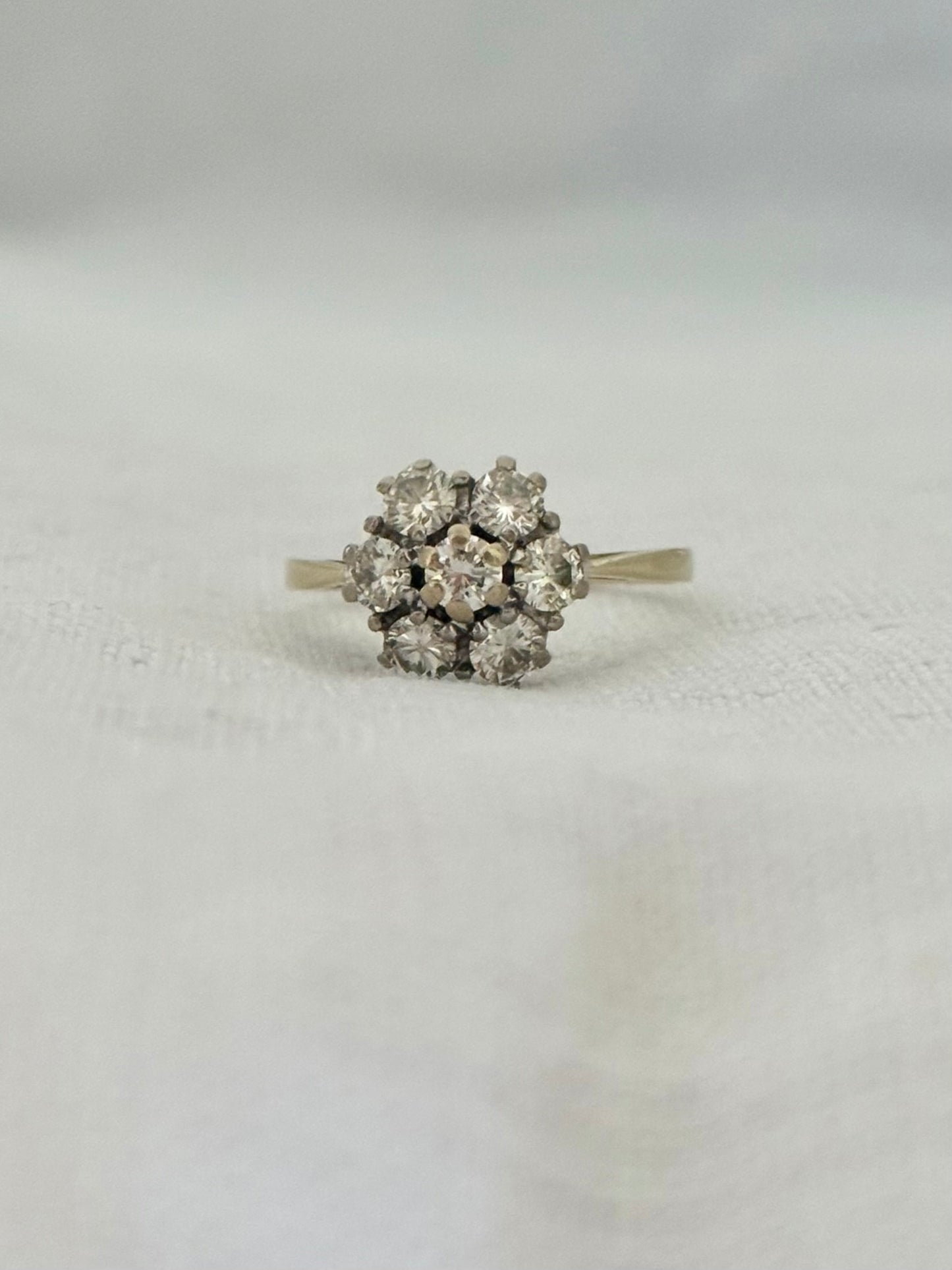 .18ct .1900s 1.00ct round brilliant antique floral cluster rosette high carat 750 yellow and white gold ring