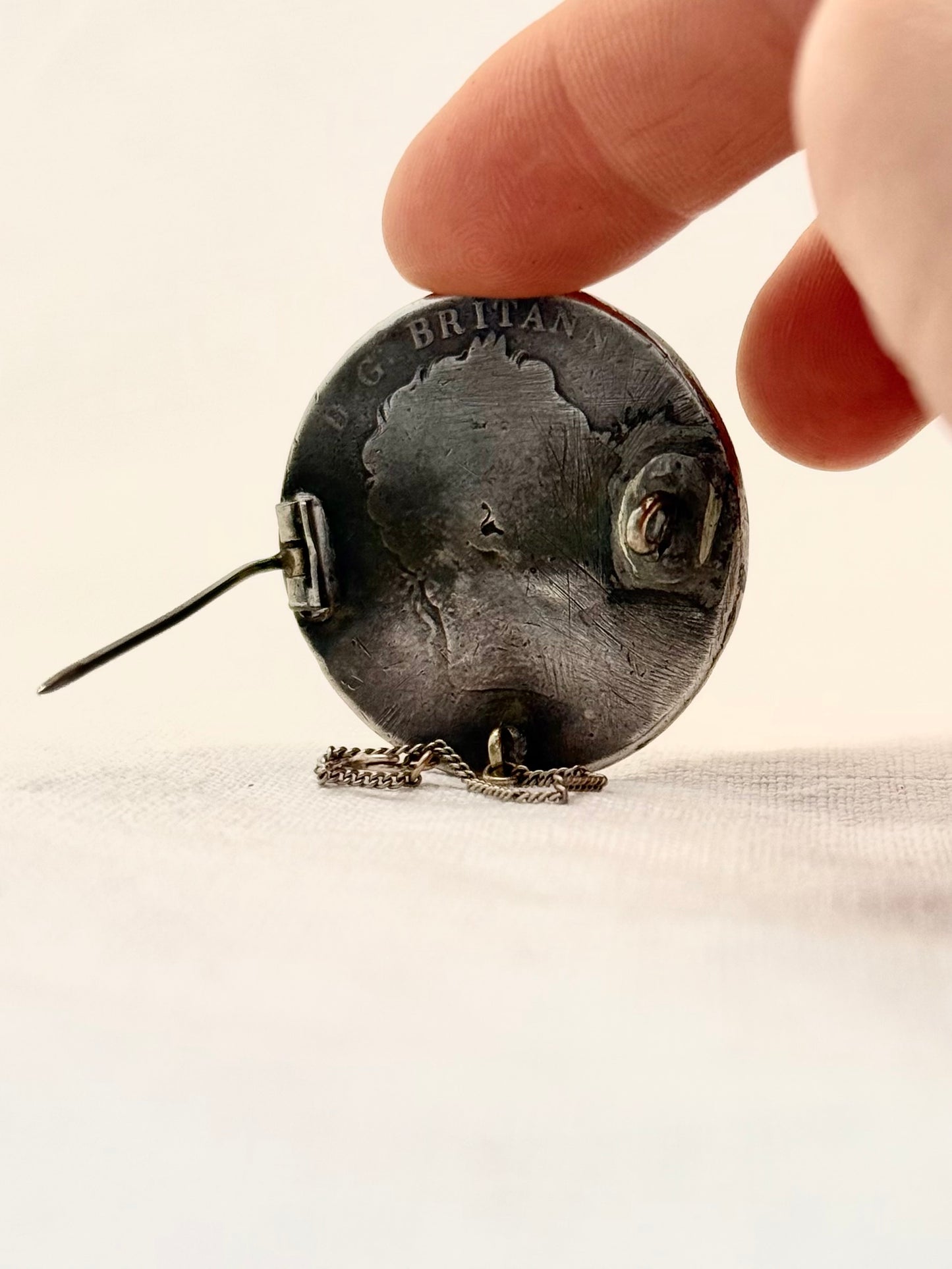 .1818 .1819 .1820 .925 antique Sterling silver George III Antique Solid Silver English Crown enamel collectors love token Georgian Coin Brooch