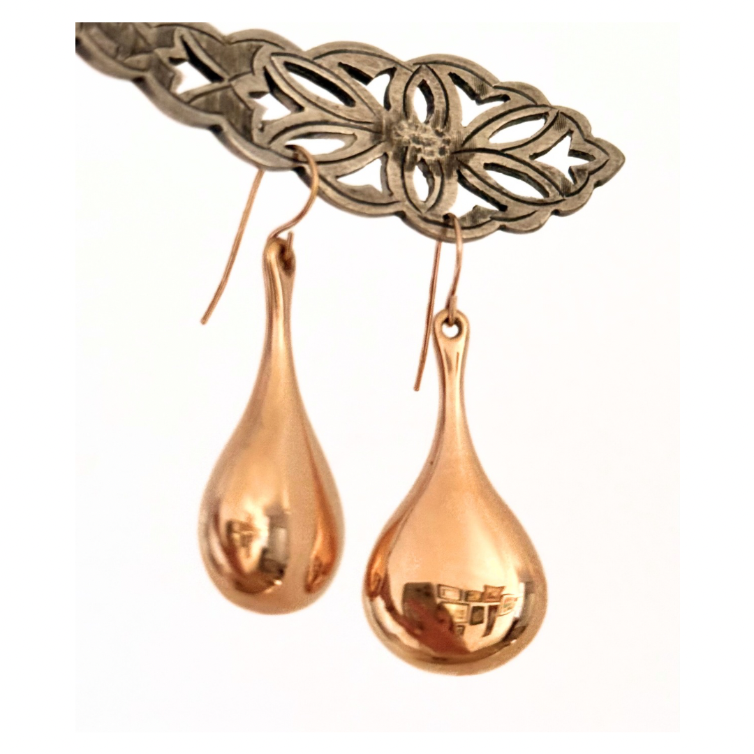.14ct .1990s .585 architectural form designer Italian Milor modern 14k high carat rose gold teardrop dangle shaped oversized Milor designer rose gold drop earrings