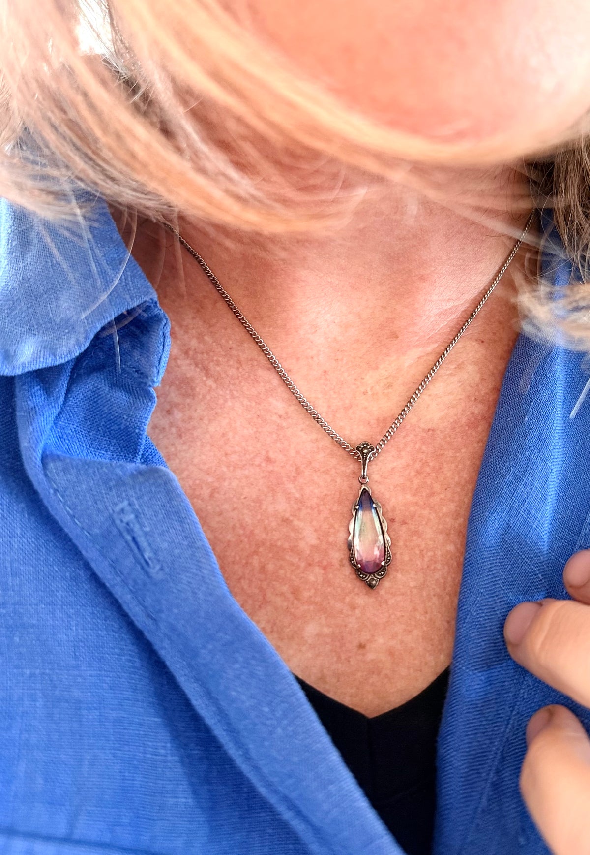 .1920s .1930s .830 silver Art Deco Iris Glass marcasite gemstone pendant on chain