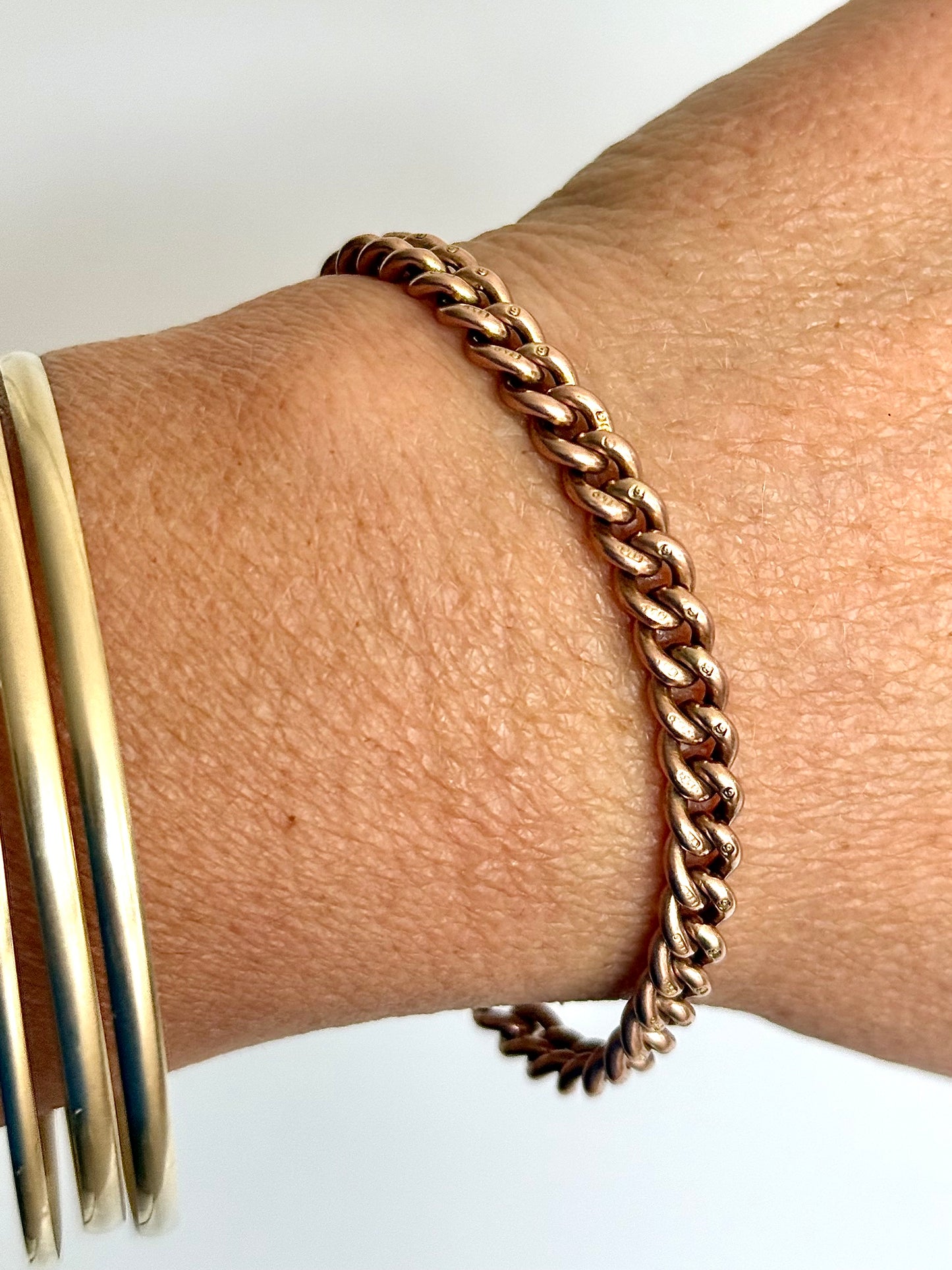 .1900s .375 9ct antique heirloom gold chunky solid weighted warm Rose Gold English 9ct gold hallmarked curb chain fob chain box clasp bracelet