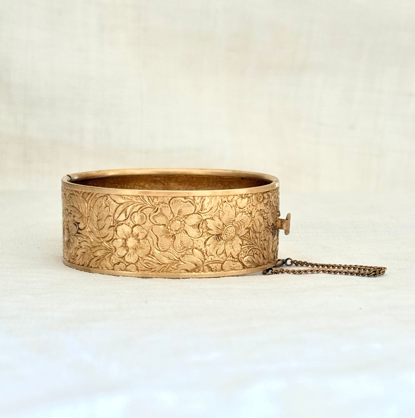 .1900s .1940s Victorian revival Dog Rose floral flower hand engraved gold plated brass romantic clasp bangle