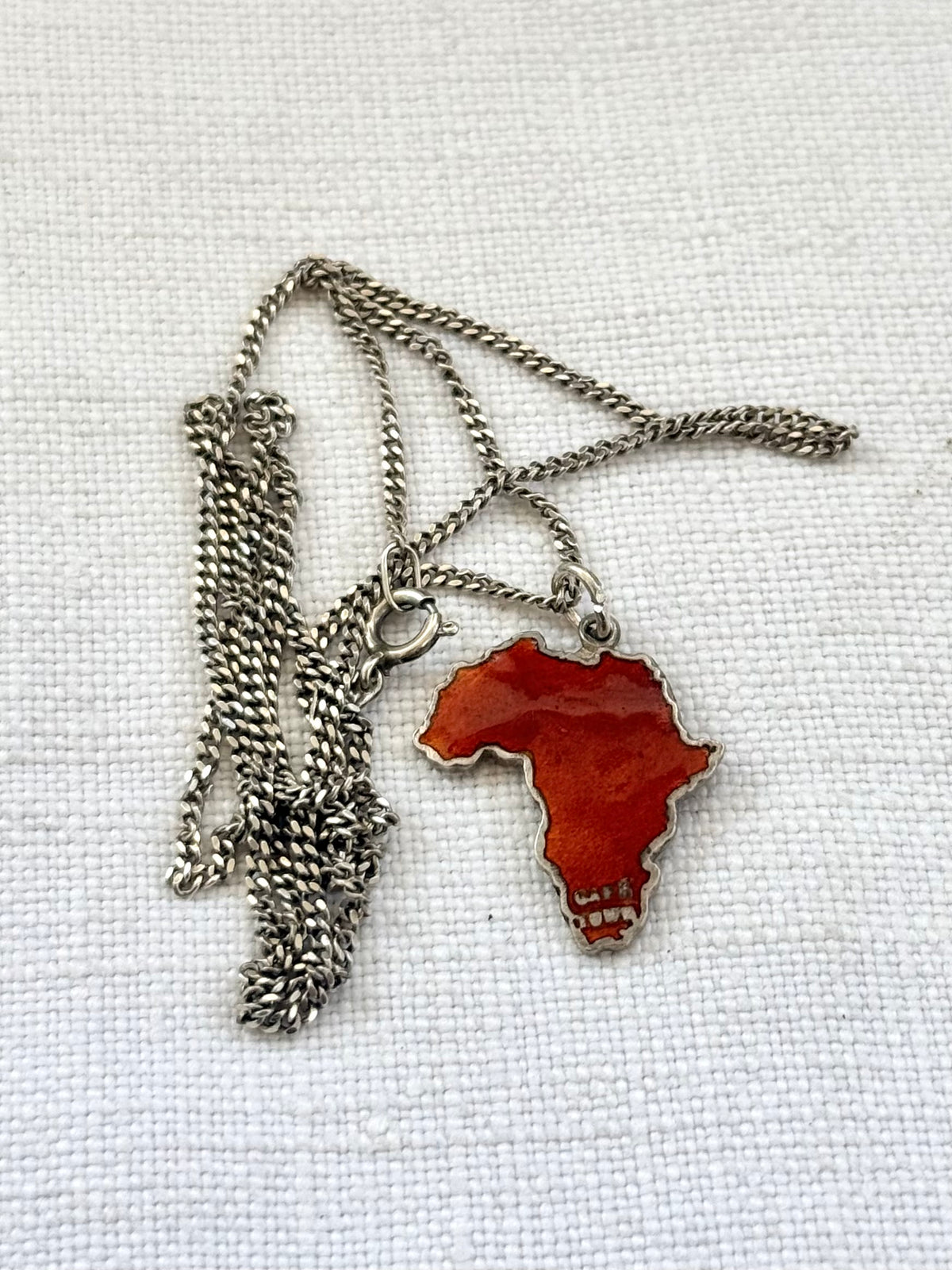 .1930s .1940s .925 Africa map Cape Town red Enamel Thomas L Mott sterling silver African pendant on chain