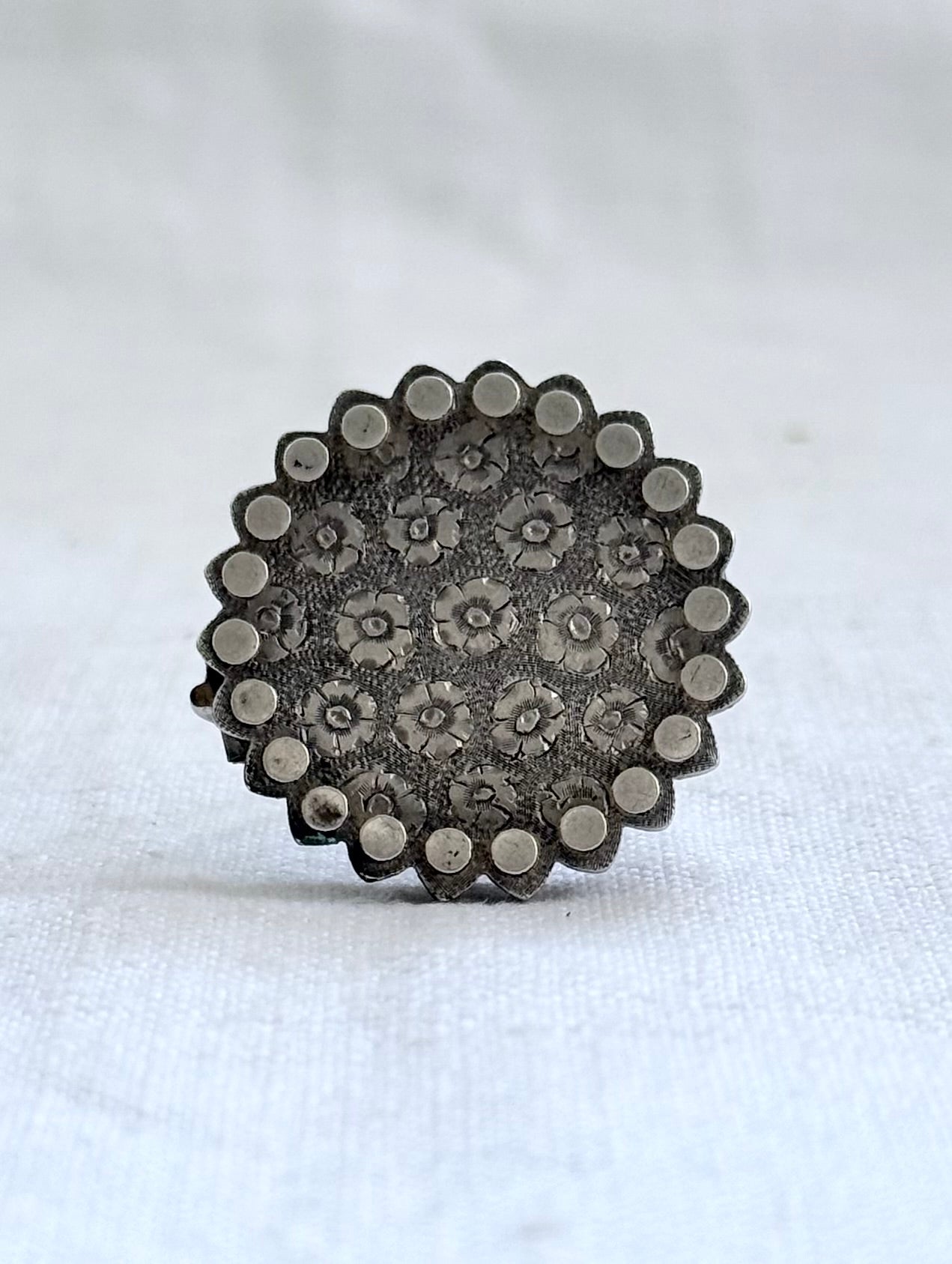 .1800s .1880s .1890s .925 Etruscan revival Victorian silver floral engraved target circle brooch locket