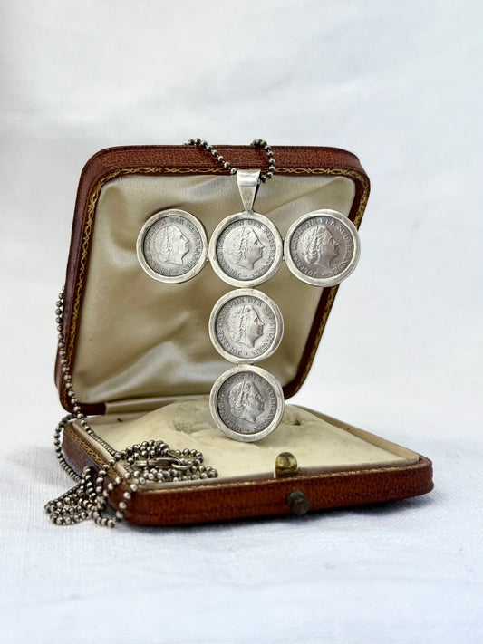 .1954 to .1980 .10 cents coin cross silver pendant on long lovely chain necklace