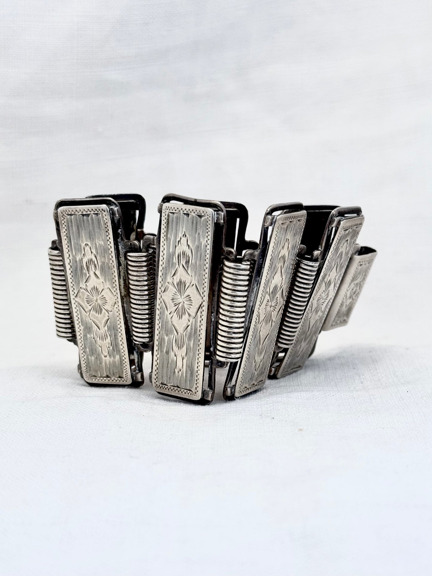 .1880s .1890s .925 Aesthetic Victorian era wide link and solid silver etched panel bracelet