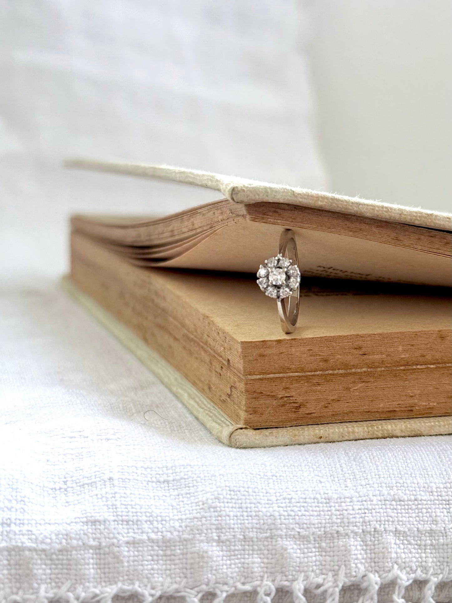 .18ct .1950s .1970s .9 diamond .750 white gold Diamond cluster flower floret halo diamond heirloom diamond gold commitment ring engagement ring