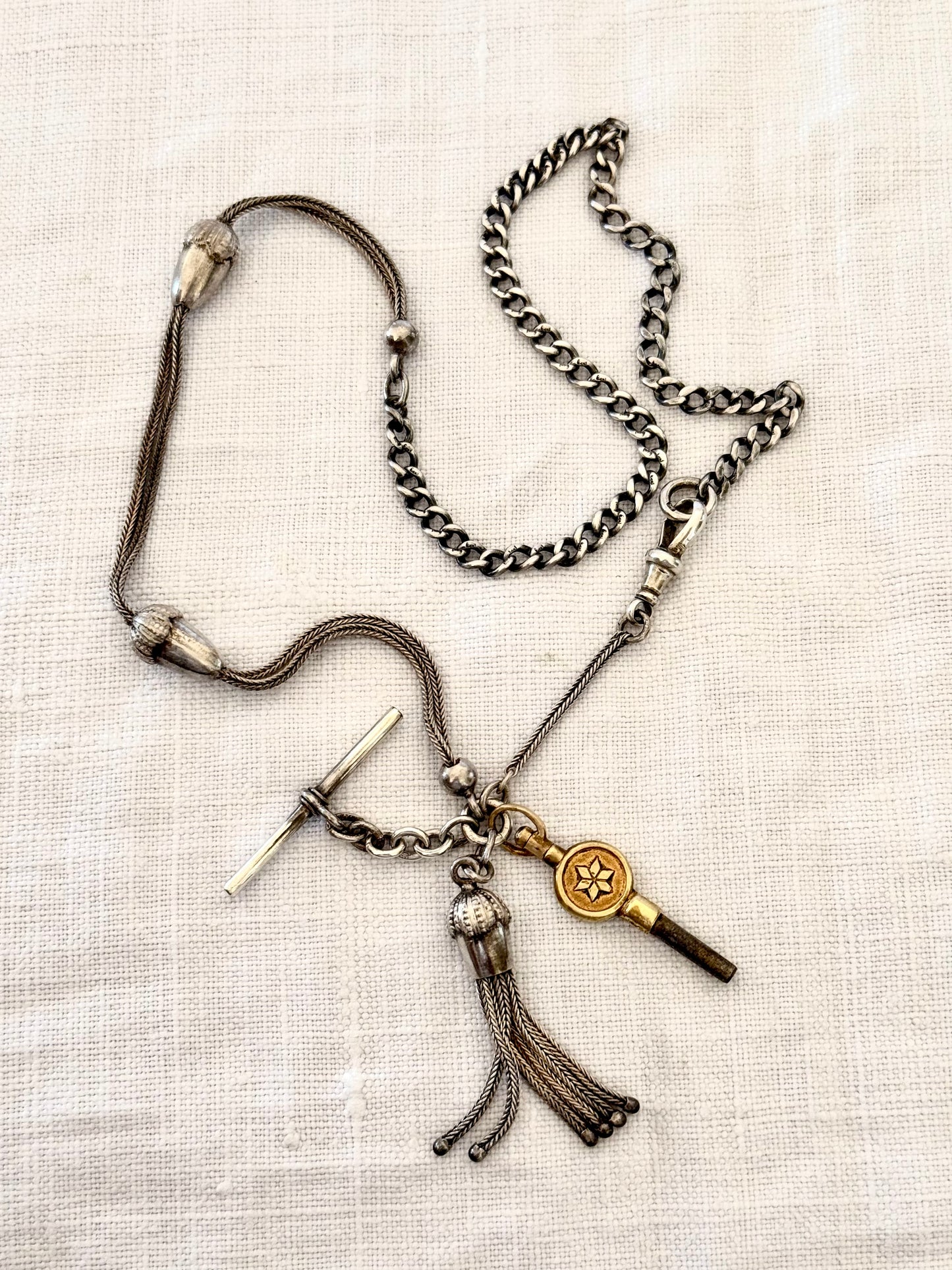 .1890s .1910s .925 antique rare Belle Epoque fancy Acorn lucky token Albertina chain hallmark silver fob chain necklace with Etruscan revival tassel fob and brass watch winder key dangles