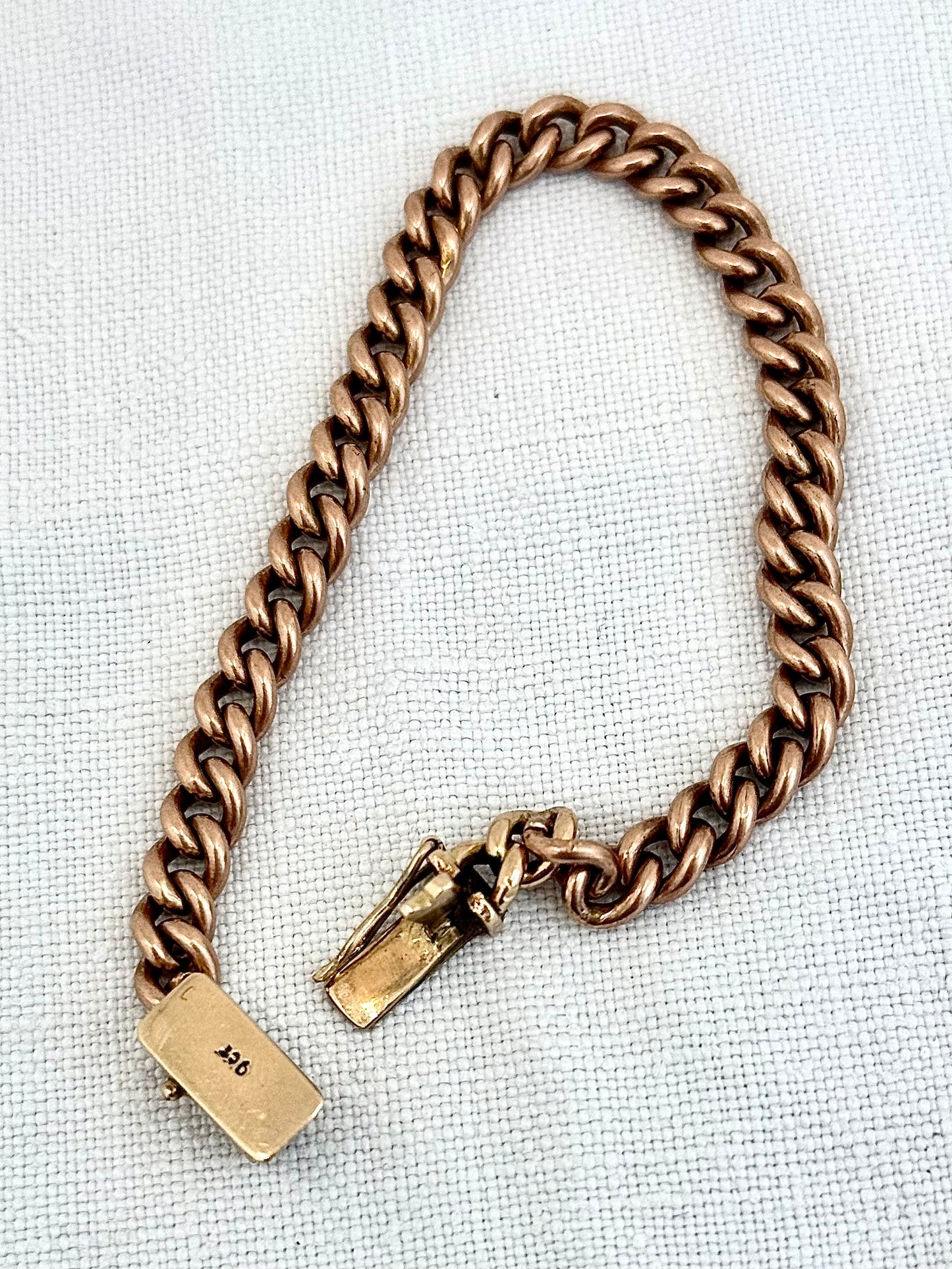 .1900s .375 9ct antique heirloom gold chunky solid weighted warm Rose Gold English 9ct gold hallmarked curb chain fob chain box clasp bracelet