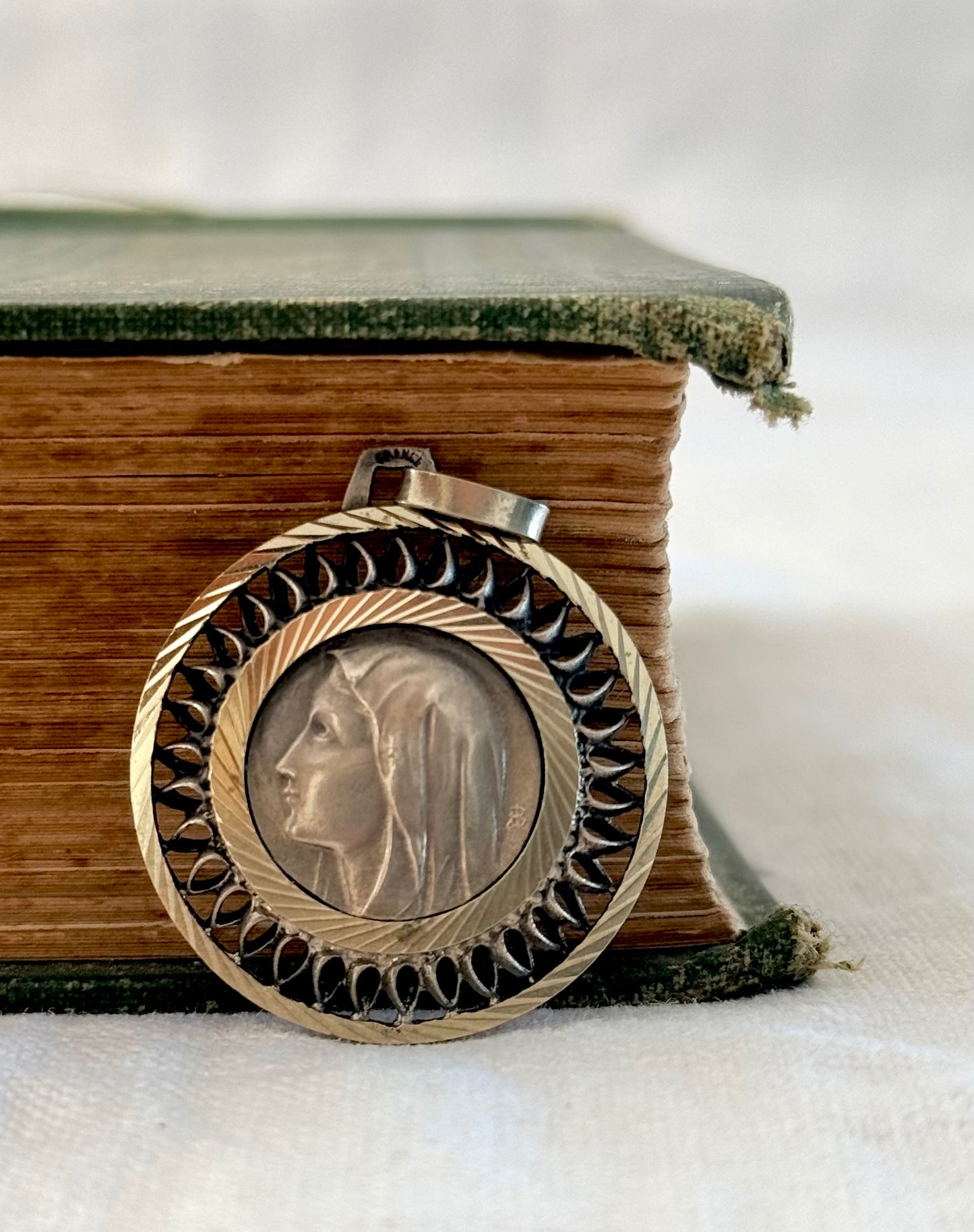 .1950s .1970s French Religious Holy Virgin Mother Maria Fatima Roman Catholic signed medallion token pendant