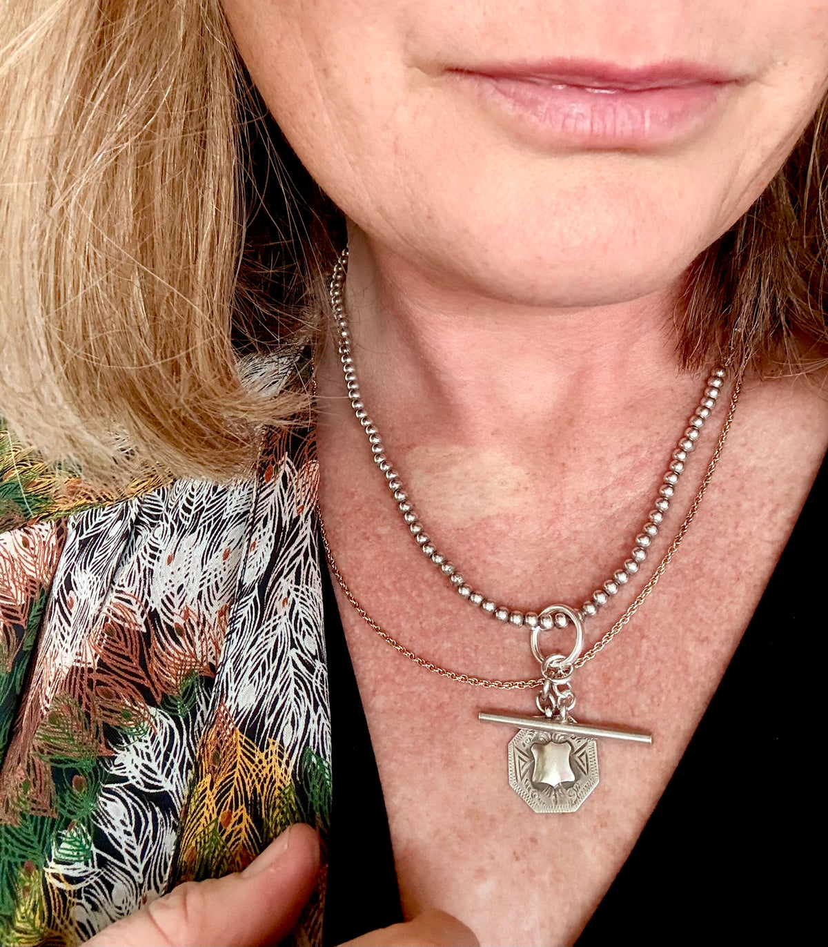.925 antique revival modernist sterling silver bead chain fob chain t-bar medallion toggle chain necklace