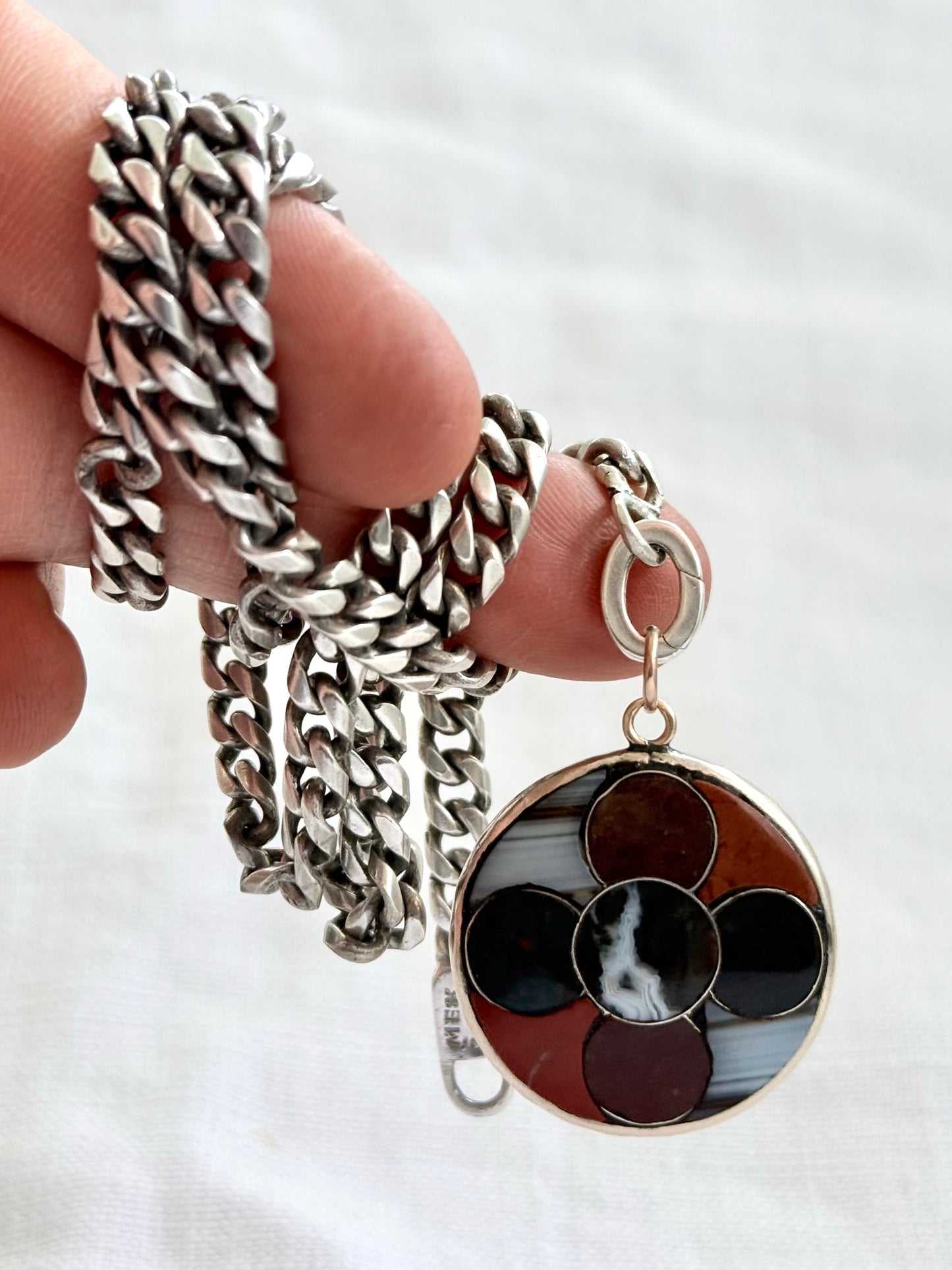 .1850s .1860s .375 gold .925 silver antique Victorian Scottish agate pebble stone pendant with St Christopher token pendant