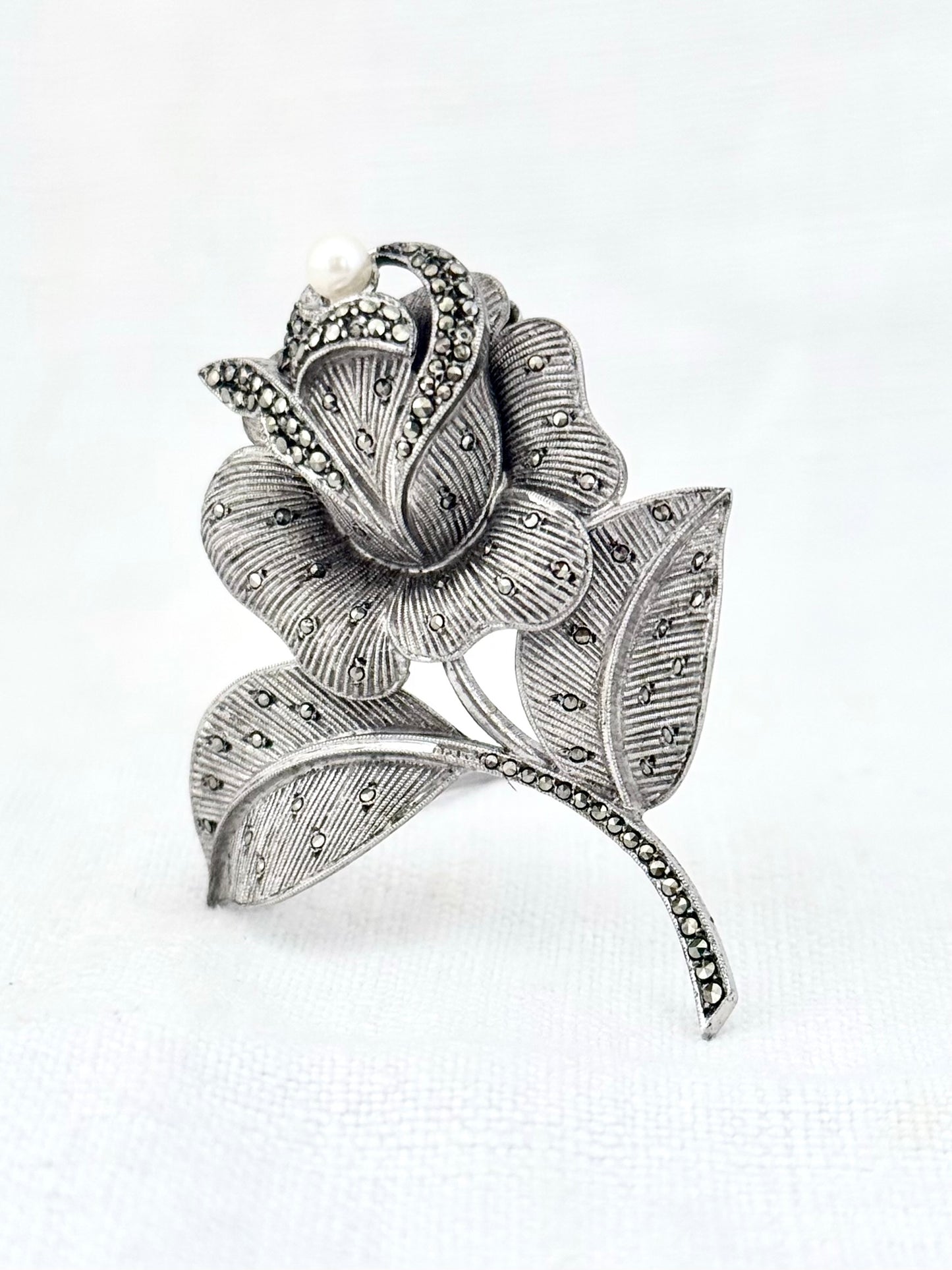 .1940s .1950s .925 silver Theodor Fahrner Mid Century Modern rose flower Art Deco revival renowned German floral romantic sterling silver, pearl and marcasite designer brooch pin
