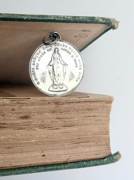.1800s .1900s French Religious Holy Virgin Mother Mary Roman Catholic solid silver medallion pendant