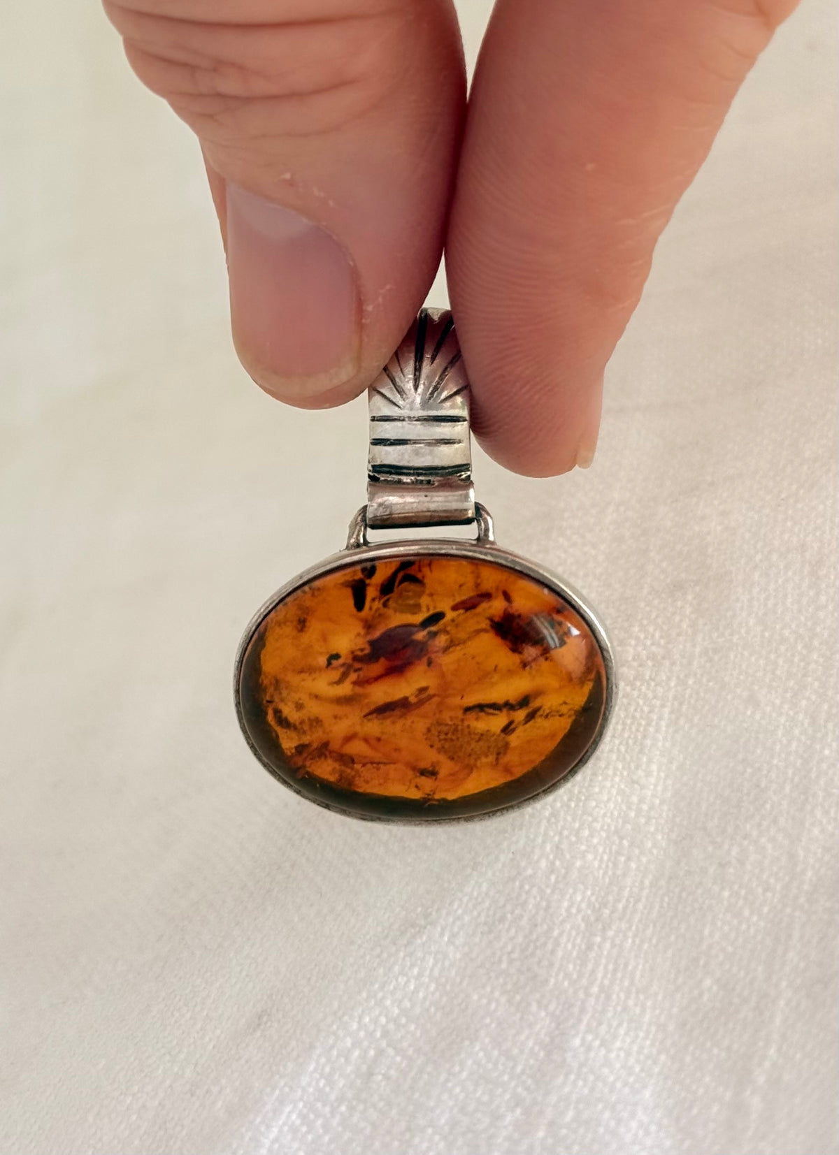 .925 Amber gemstone Artisan made modernist geometric shaped boho tribal style large Amber gemstone silver pendant
