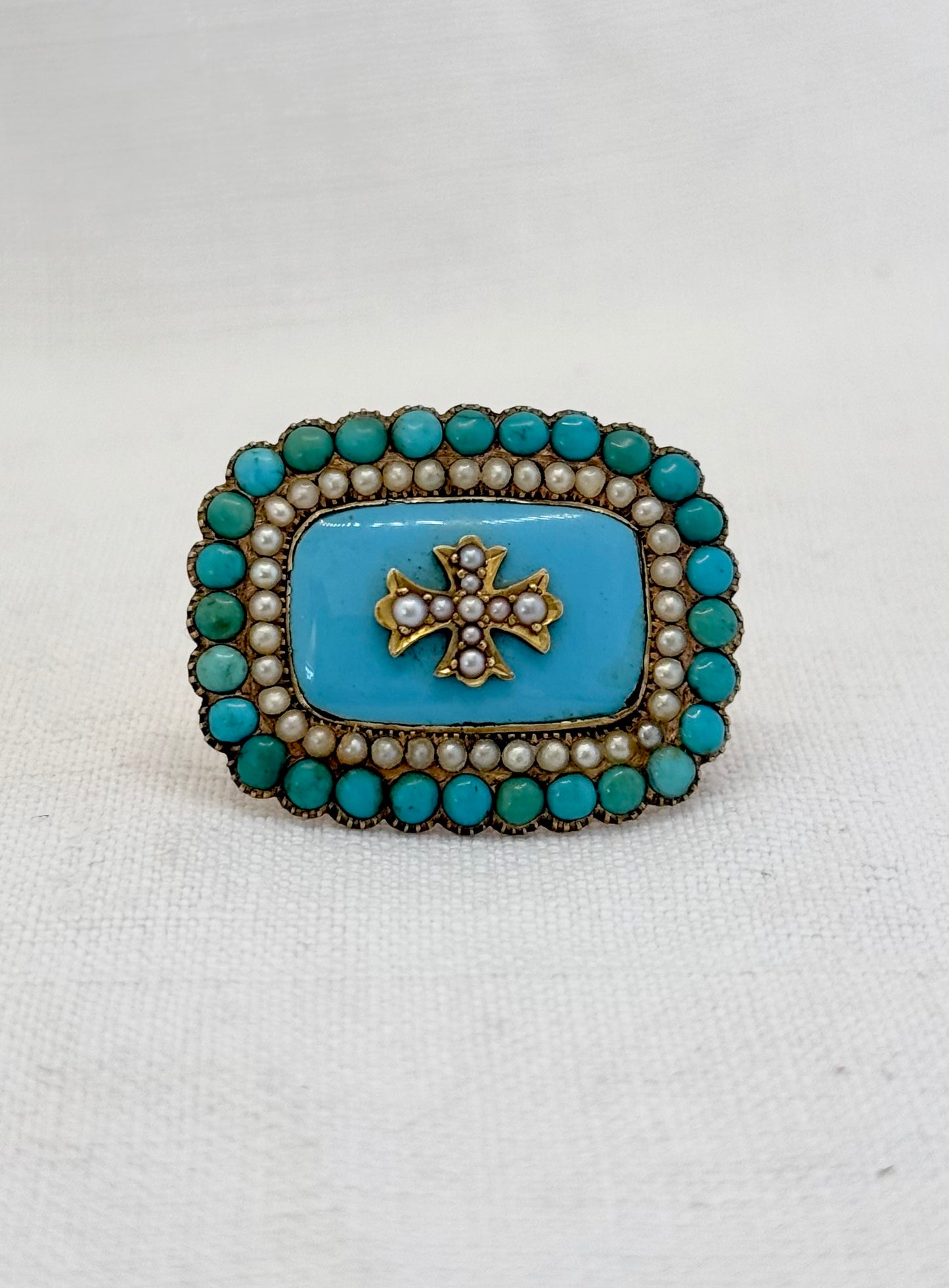 .15ct .1800s antique late Georgian early Victorian rare and magnificent Turquoise Pearl enamel high carat gold Maltese cross brooch pin