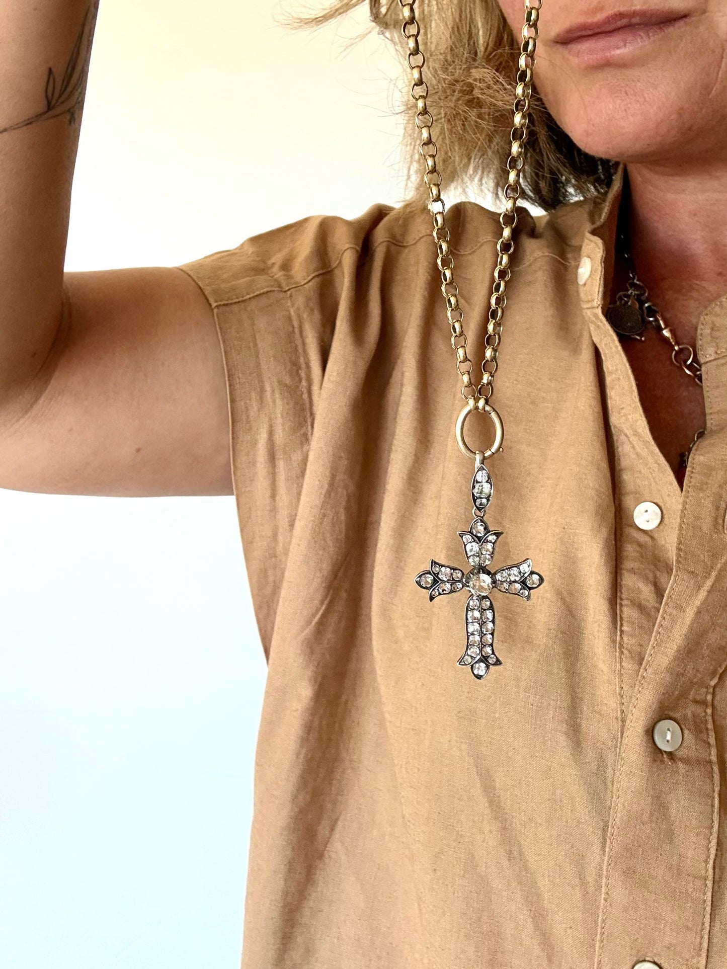 .1860s .1870s antique French silver collectors treasure Fleur de Lis Rock Crystal cross pendant