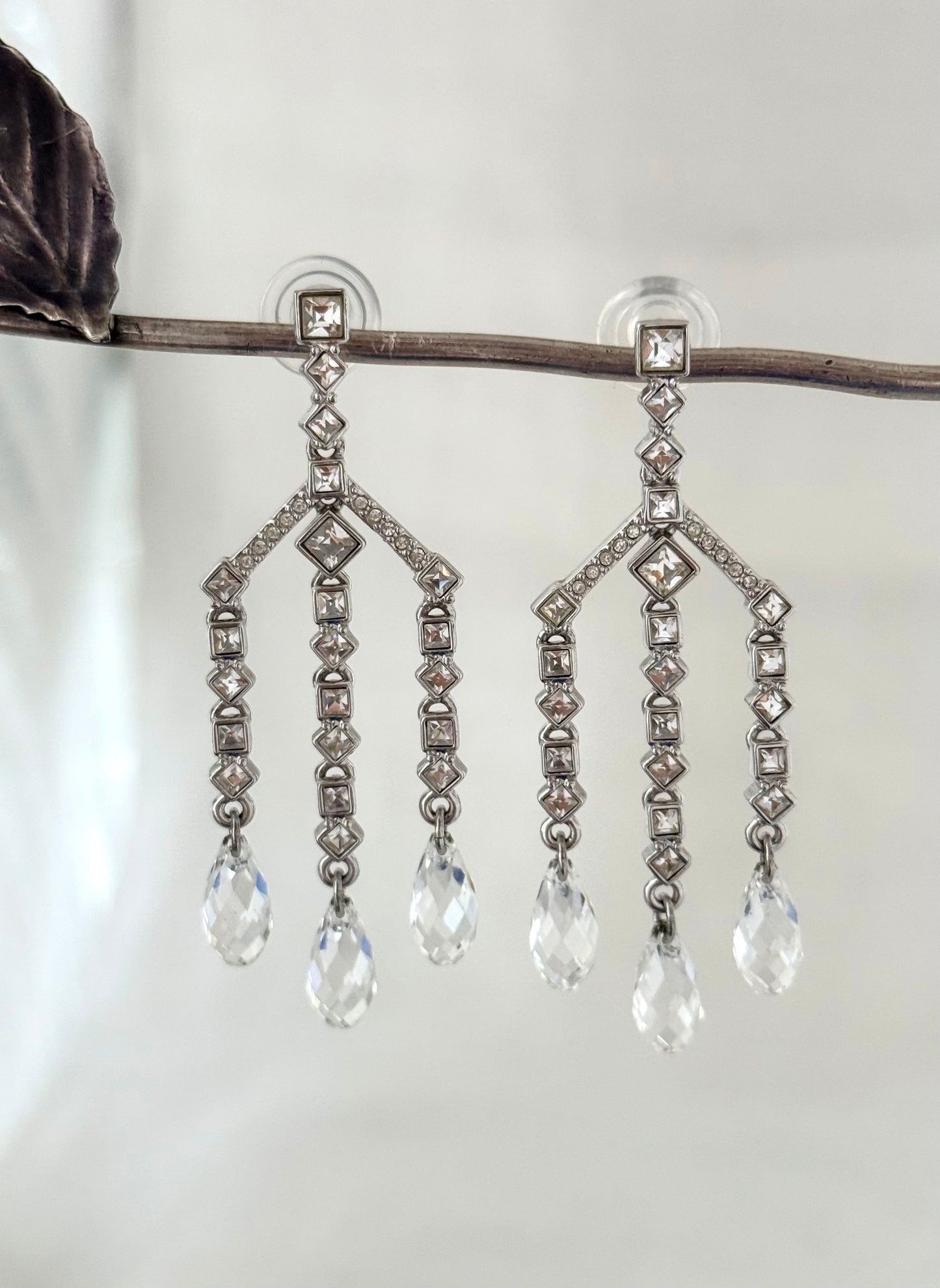 .1900s Art Deco Edwardian revival Swarovski designer crystal and rhinestone diamanté chandelier drop dangle earrings
