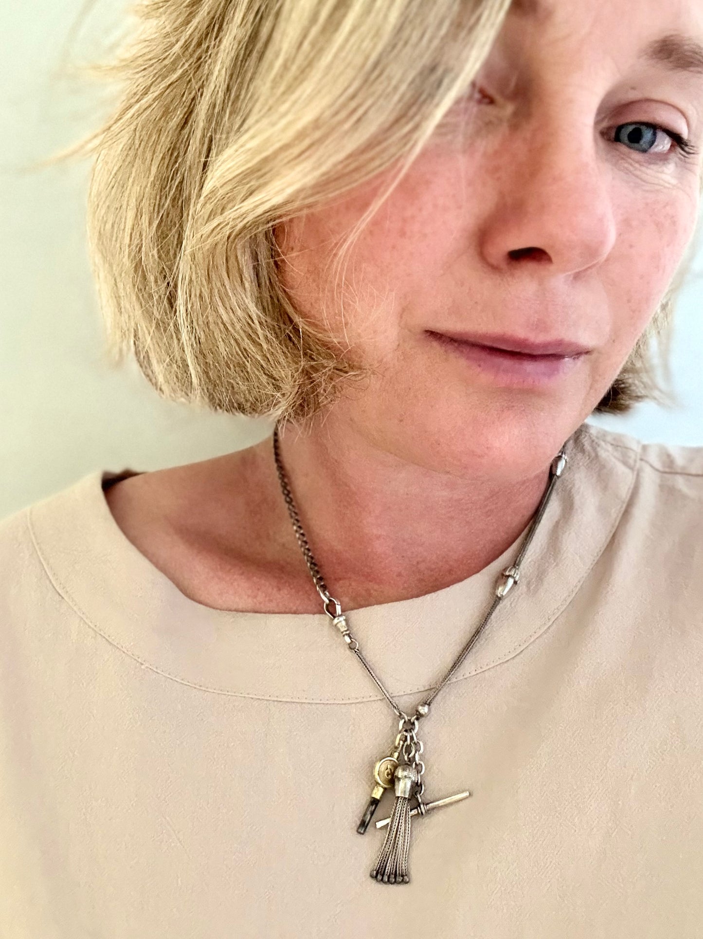 .1890s .1910s .925 antique rare Belle Epoque fancy Acorn lucky token Albertina chain hallmark silver fob chain necklace with Etruscan revival tassel fob and brass watch winder key dangles