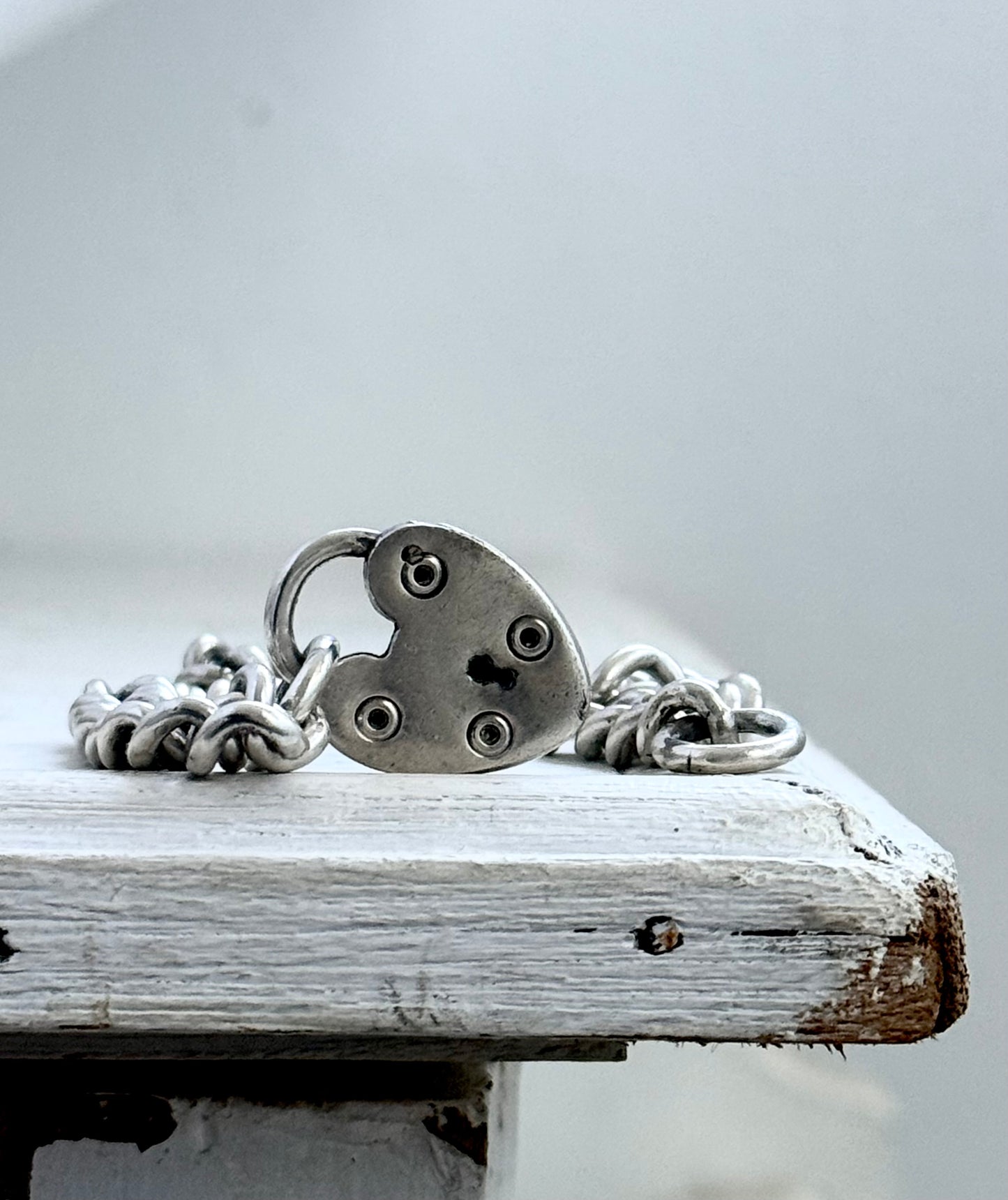 .1970s .925 solid silver chunky Victorian revival oversized heart padlock curb chain link bracelet