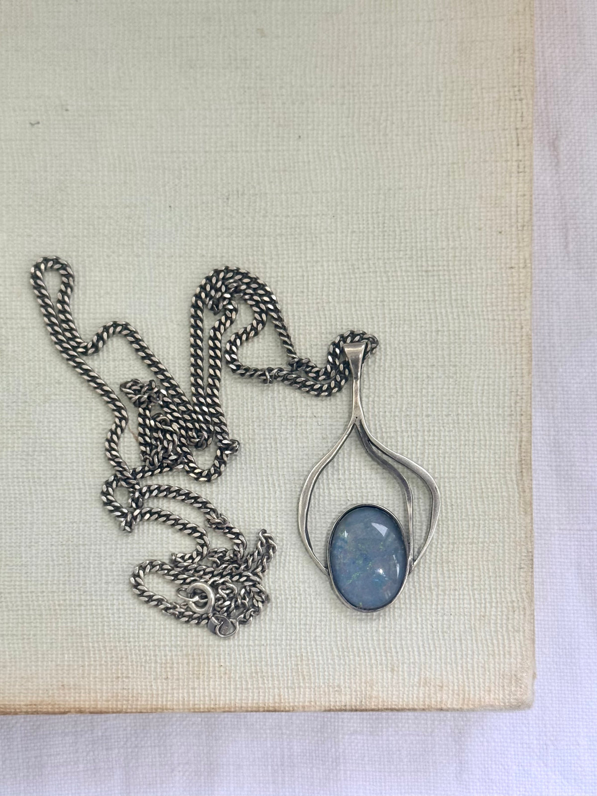 .1970s .925 modernist Blue Galaxy Opal gemstone pendant on solid retro flat curb chain necklace