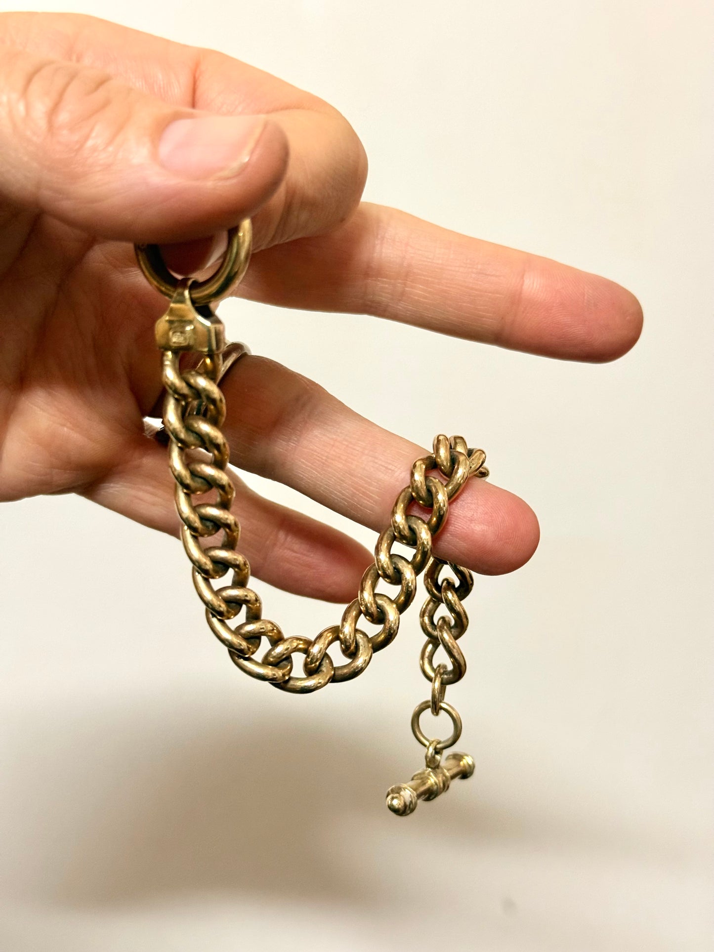 .375 .9ct yellow gold modernist chunky gold solid and heavy gold wide link t-bar toggle chunky fob chain curb bracelet