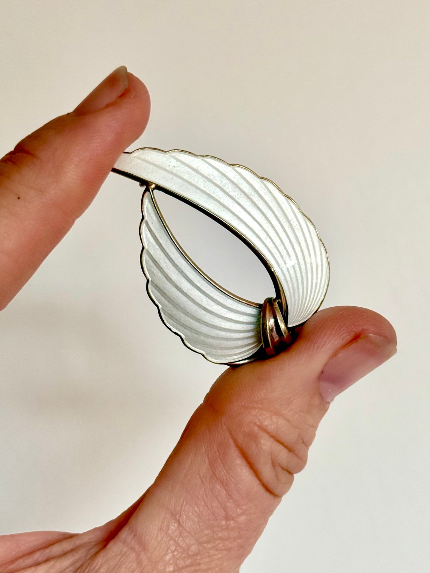 .1940s .925 Albert Scharning Norway silver and ice white guilloche enamel Viking leaf Scandinavian mid century modern designer brooch pin