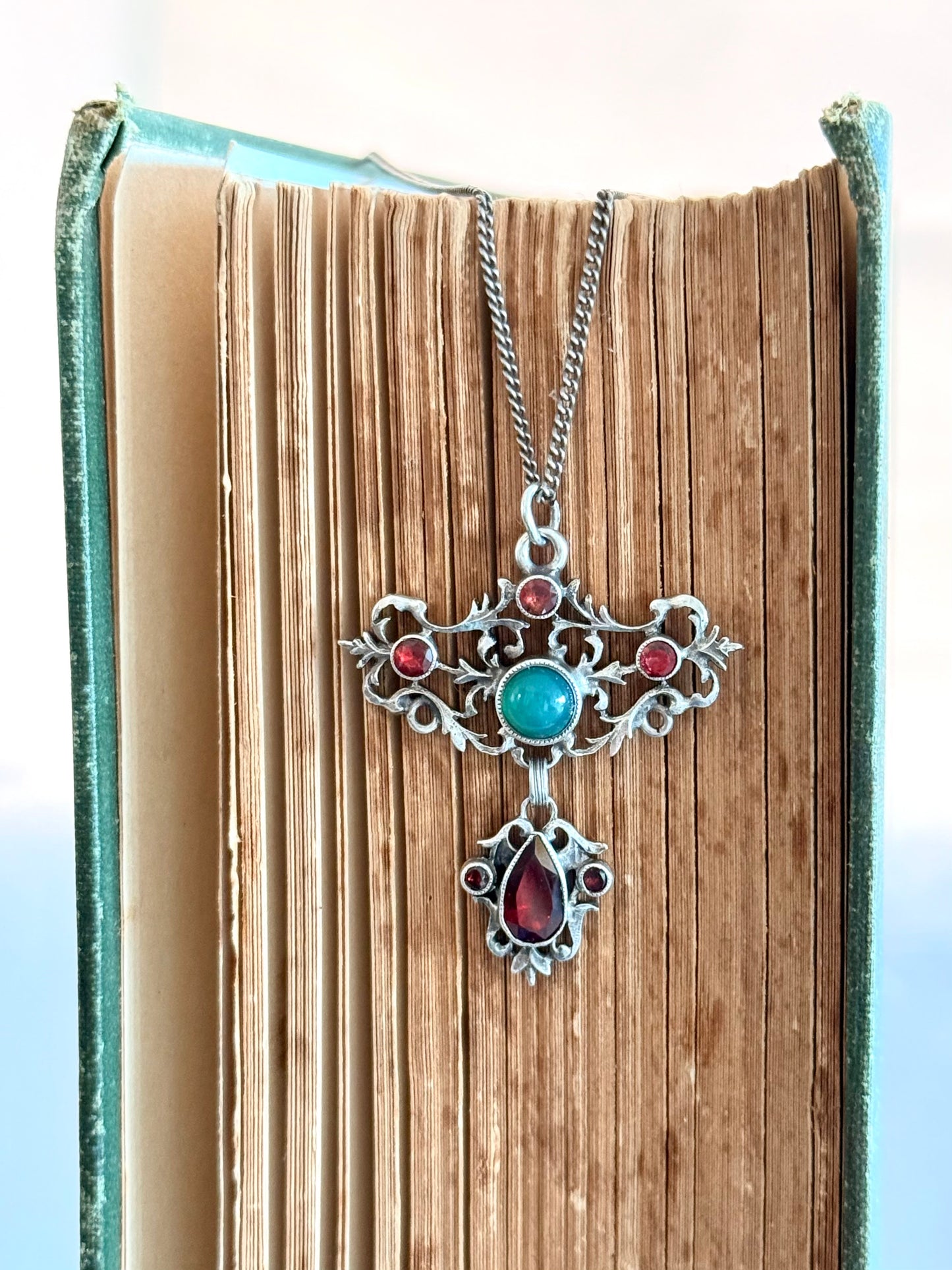 .1800s Antique Austro-Hungarian rare Garnet and Chrysoprase gemstone collectors treasure Victorian era silver lavaliere fancy filigree pendant