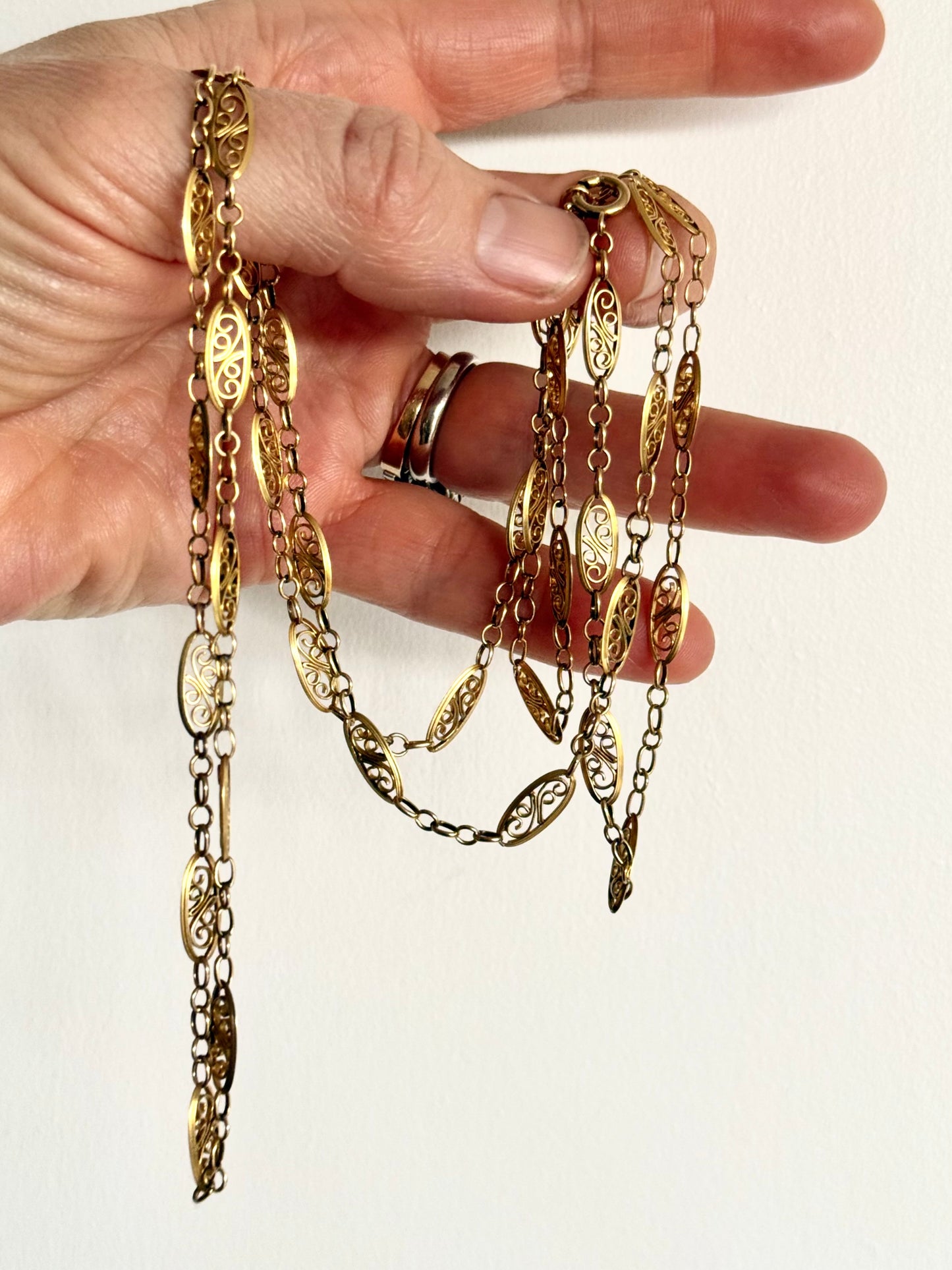 .101cm .1870s .1910s .18ct .750 antique long French Belle Epoque openwork fancy yellow gold marquise filigree guard chain necklace
