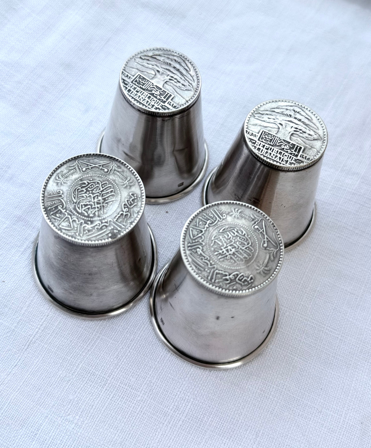 .1933 .1950s 4x .900 coin silver rare artisan made Middle Eastern Ottoman silver tumblers shot glasses