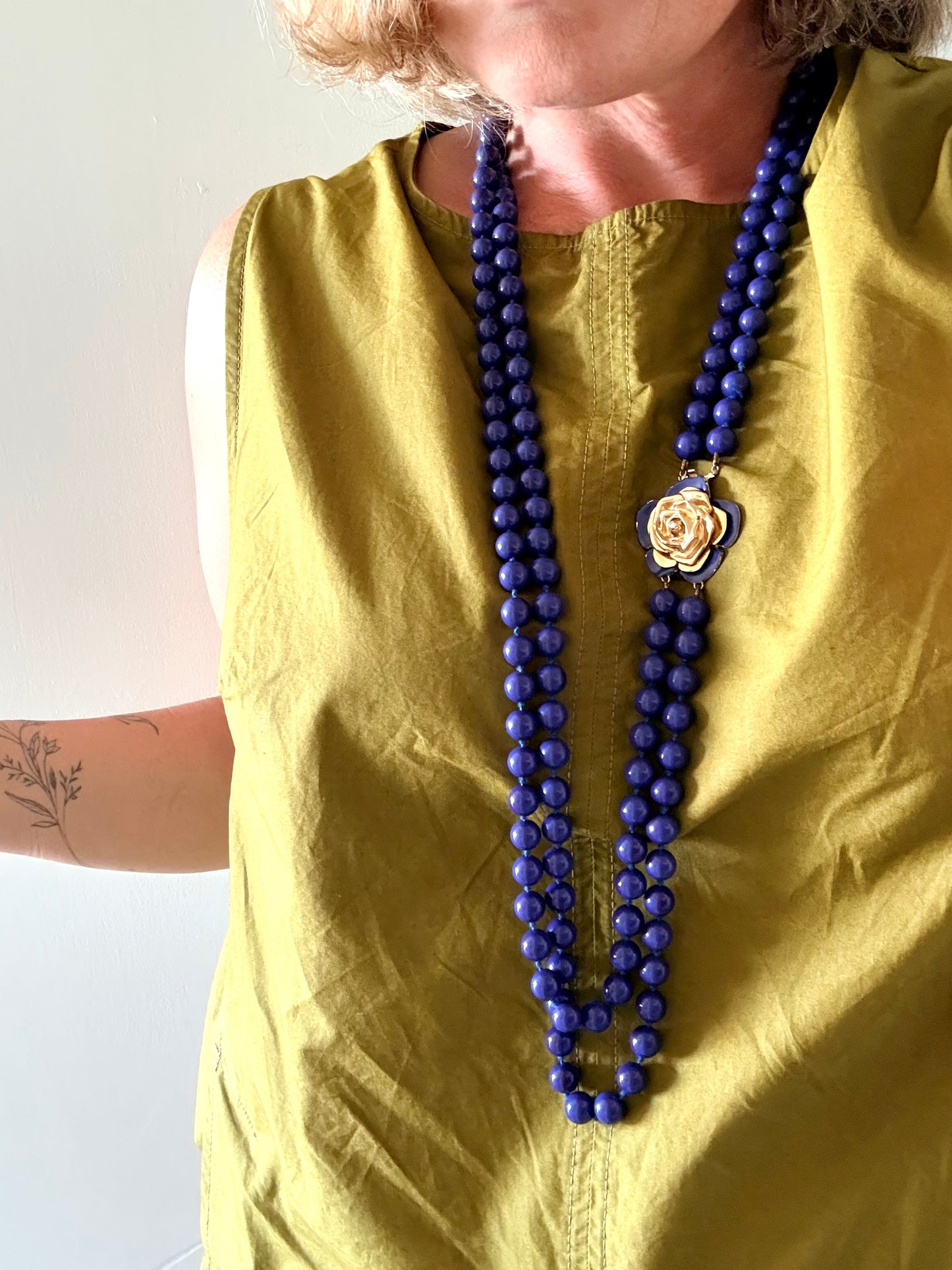 .100cm long .1980s Rare Yves Saint Laurent designer double long strand Lapis Blue Royal Blue Rose Flower gold tone floral clasp costume accent necklace