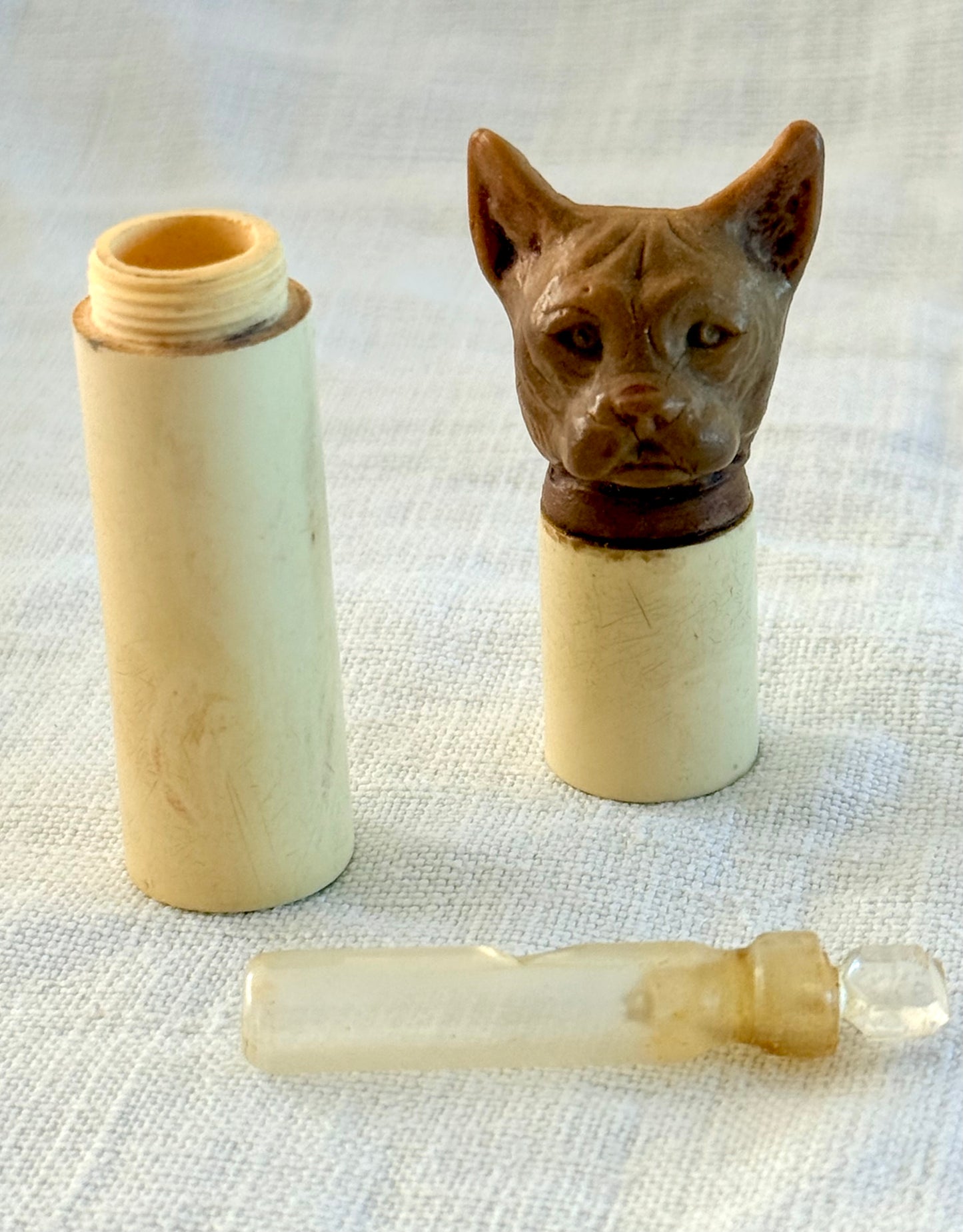 .1920s .1930s Art Deco rare hand carved French Bull Dog bakelite novelty perfume holder figural dog figurine case