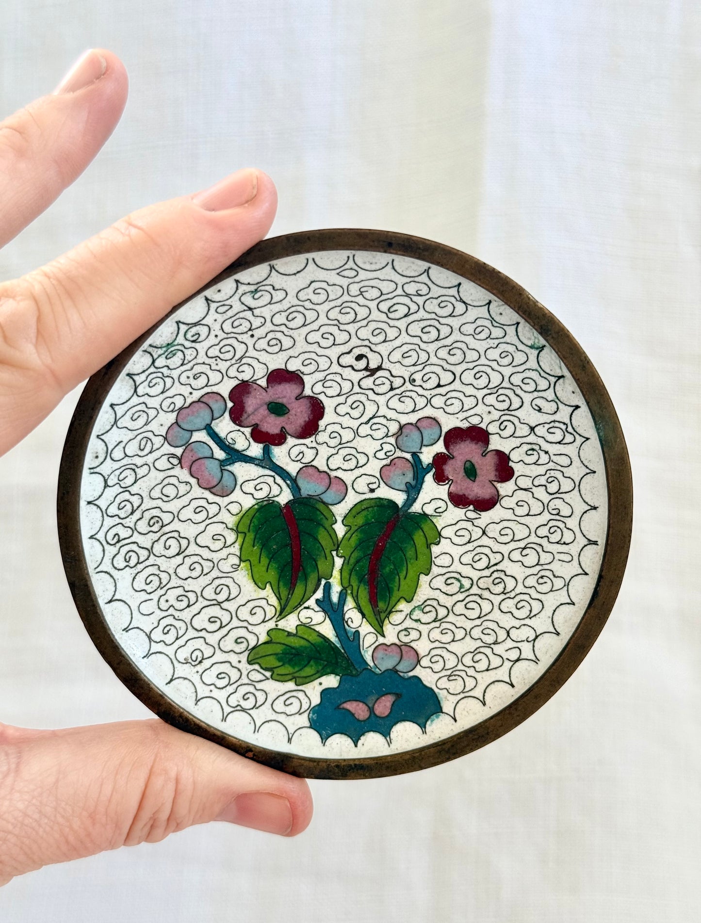.1940s .1950s .2 plate Chinese Oriental cloisonne enamel plates with antique wooden display stand