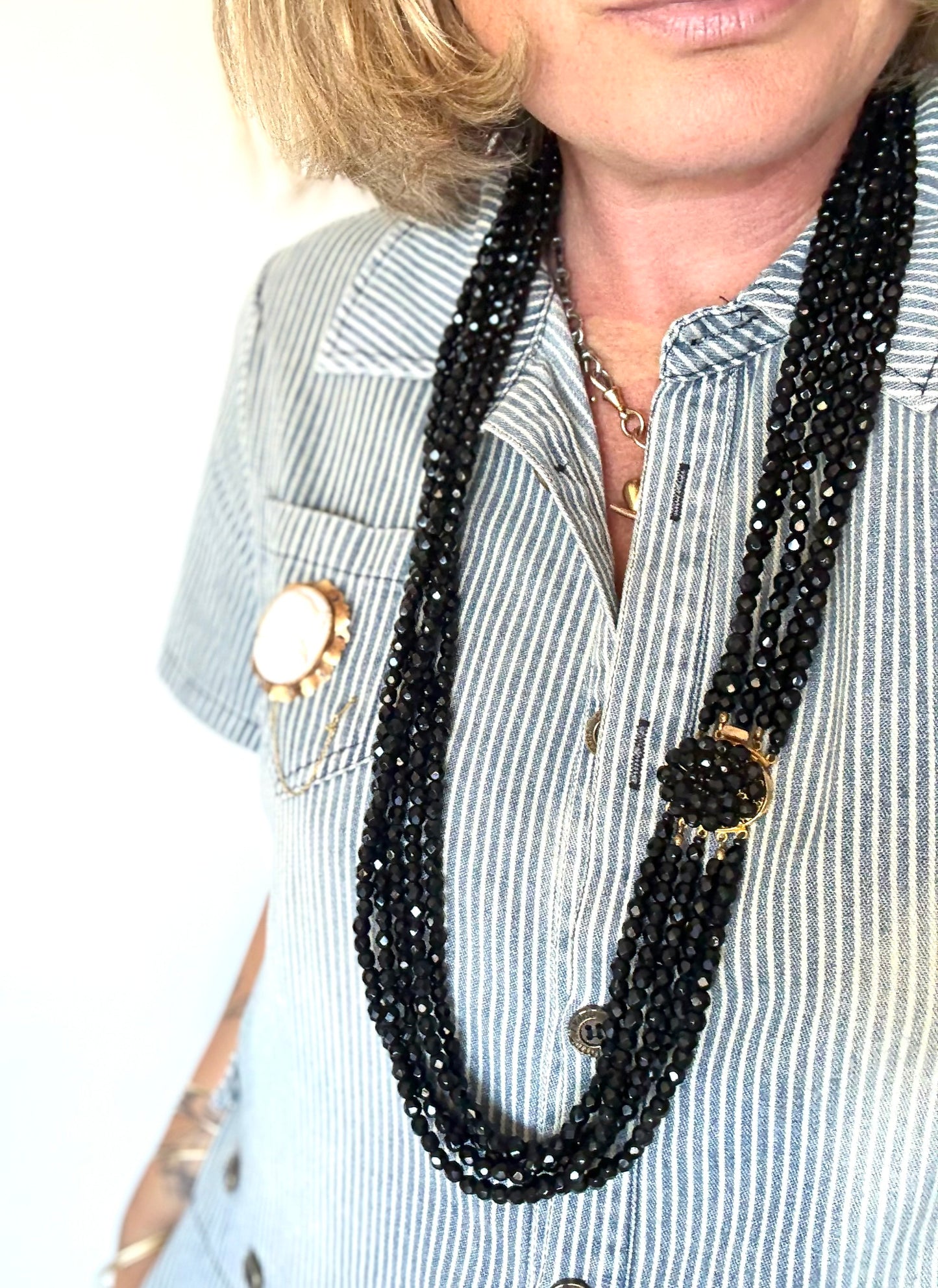 .1940s 1950s .5 strand .96cm long glamorous jet black faceted glass bead multi strand long cocktail necklace