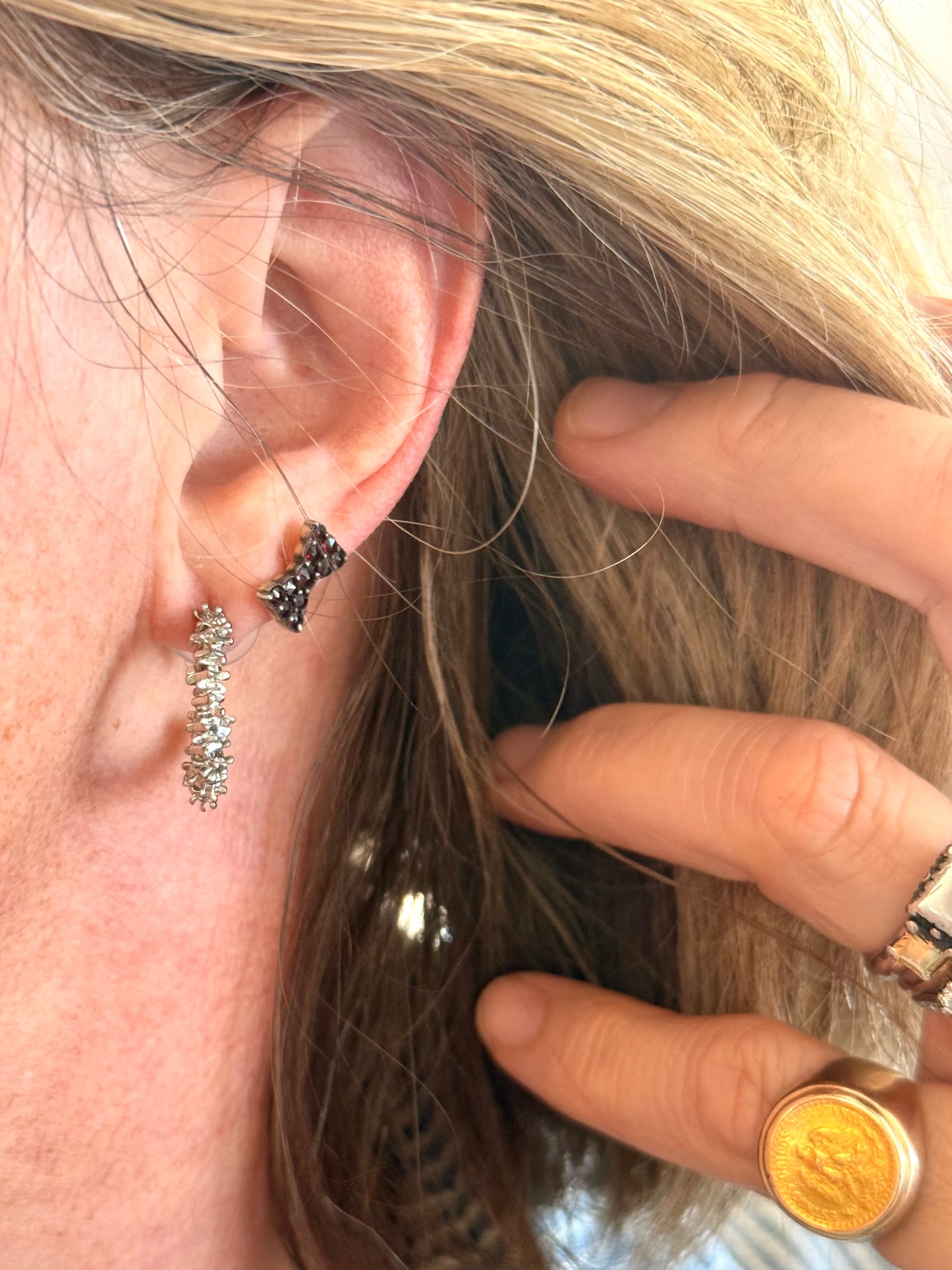 .925 Brutalist style tinsel textured sterling silver hoop push in stud earrings