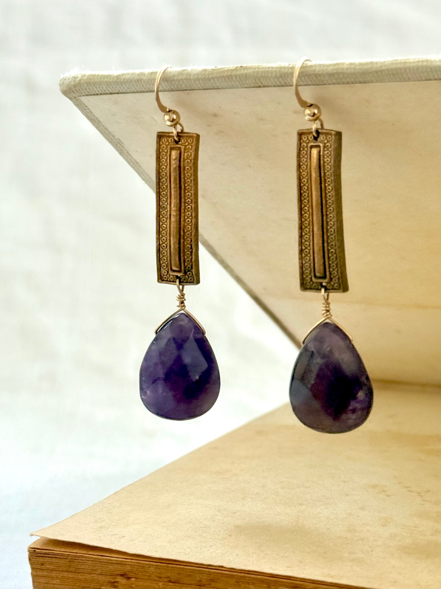 .14k gold Amethyst gemstone Briolette teardrop gold plated artisan made boho drop dangle earrings