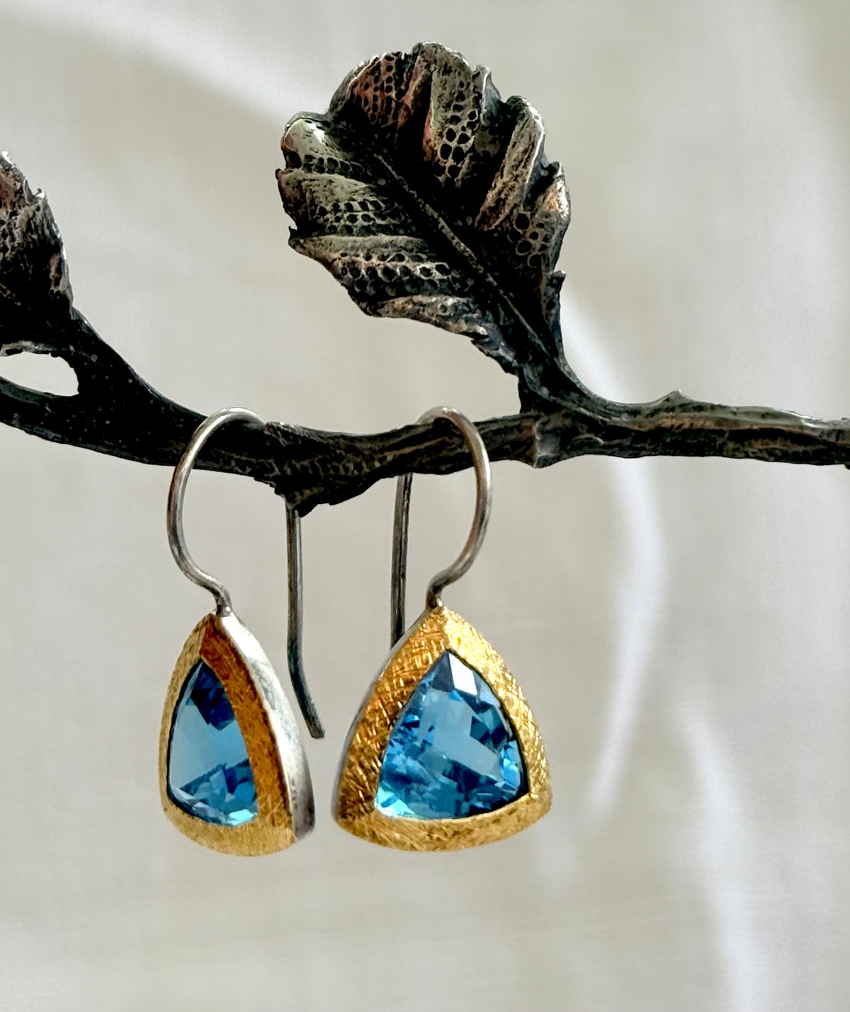 .24k yellow gold 925 silver ANPA artisan made Swiss Blue Topaz Trillion gold silver studio made drop dangle earrings