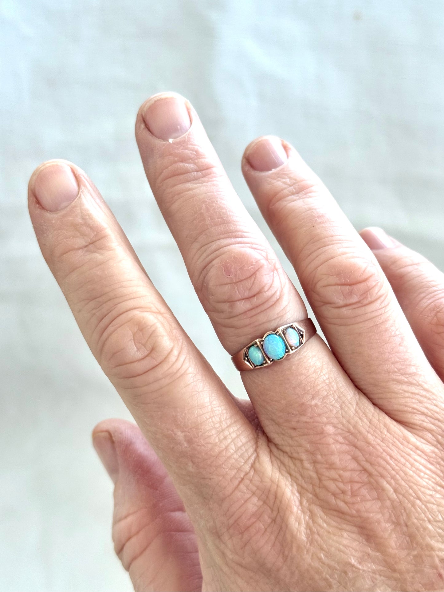.14ct .1900s . 1920s .antique .3 opal antique Edwardian .585 marked rose gold architectural dress ring