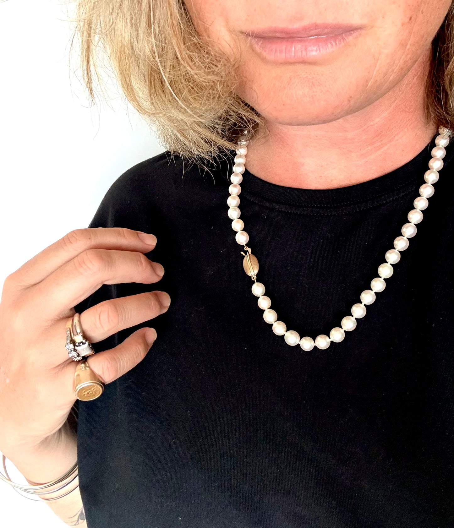 .375 .57.2cm long Akoya luxury large pearl necklace with studio crafted .9ct gold clasp heirloom pearlescent cream pearl string of real pearls necklace