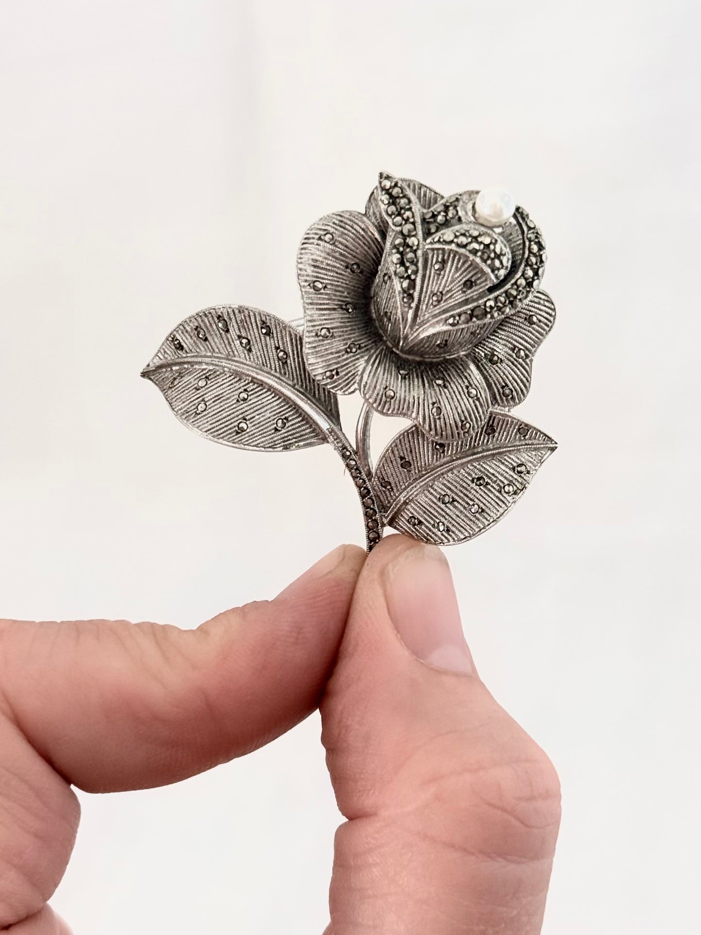.1940s .1950s .925 silver Theodor Fahrner Mid Century Modern rose flower Art Deco revival renowned German floral romantic sterling silver, pearl and marcasite designer brooch pin