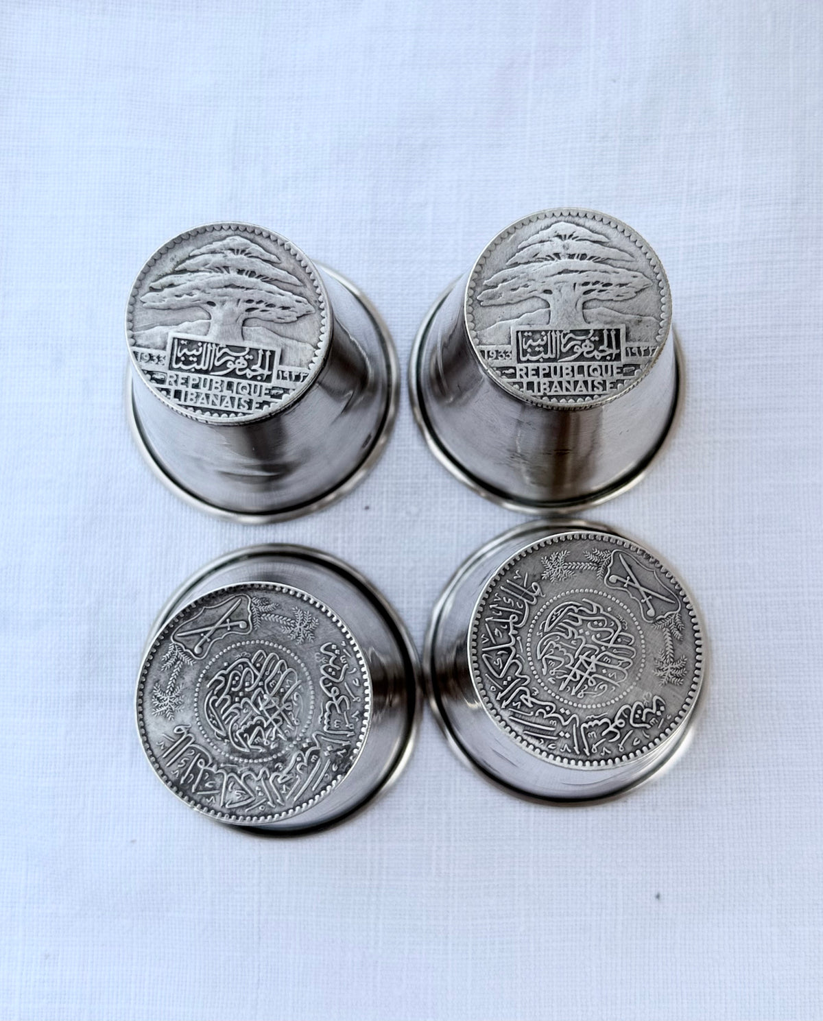 .1933 .1950s 4x .900 coin silver rare artisan made Middle Eastern Ottoman silver tumblers shot glasses