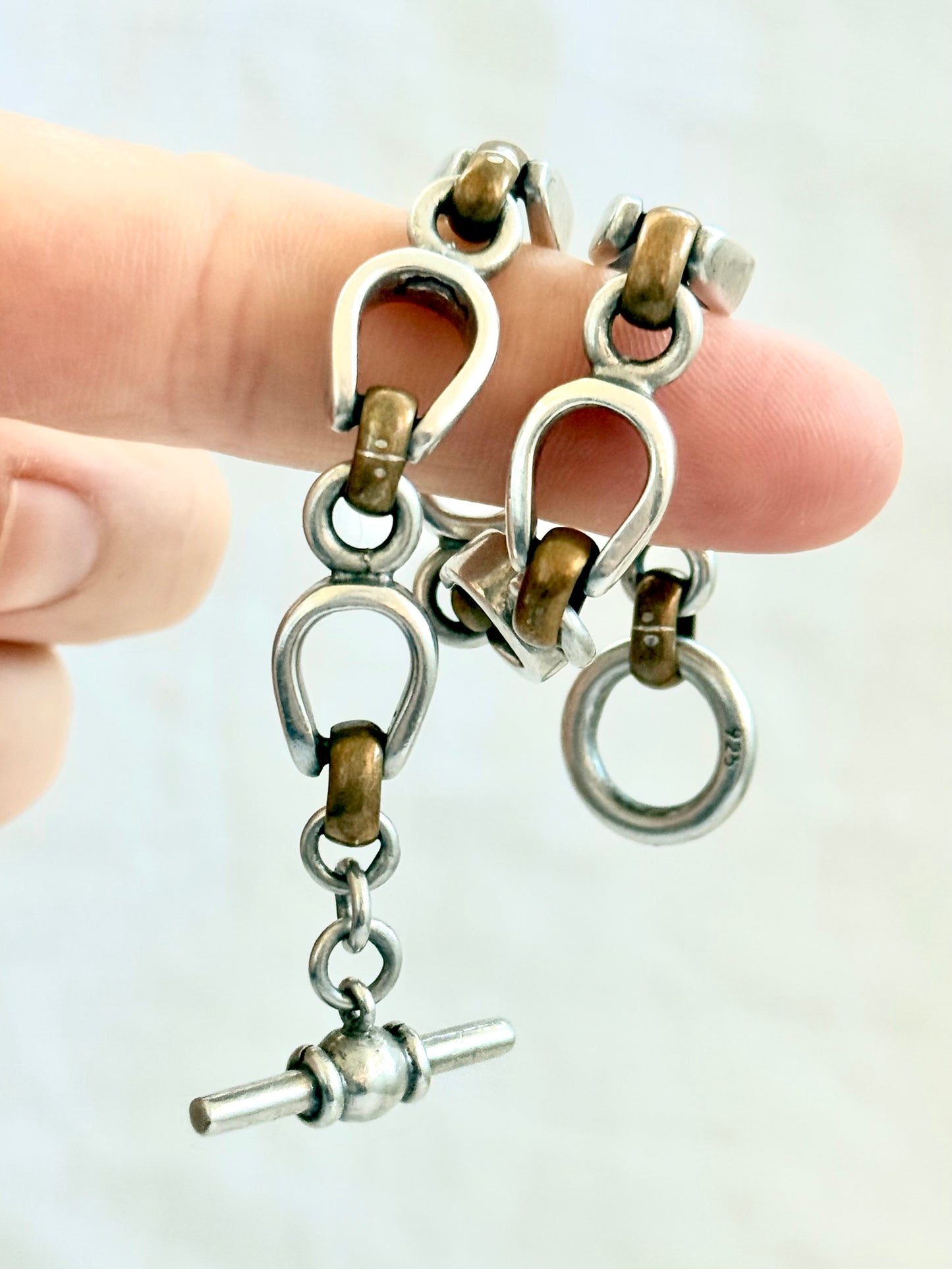.925 Artisan made solid silver fancy horse shoe hoof link brass link t-bar chain bracelet
