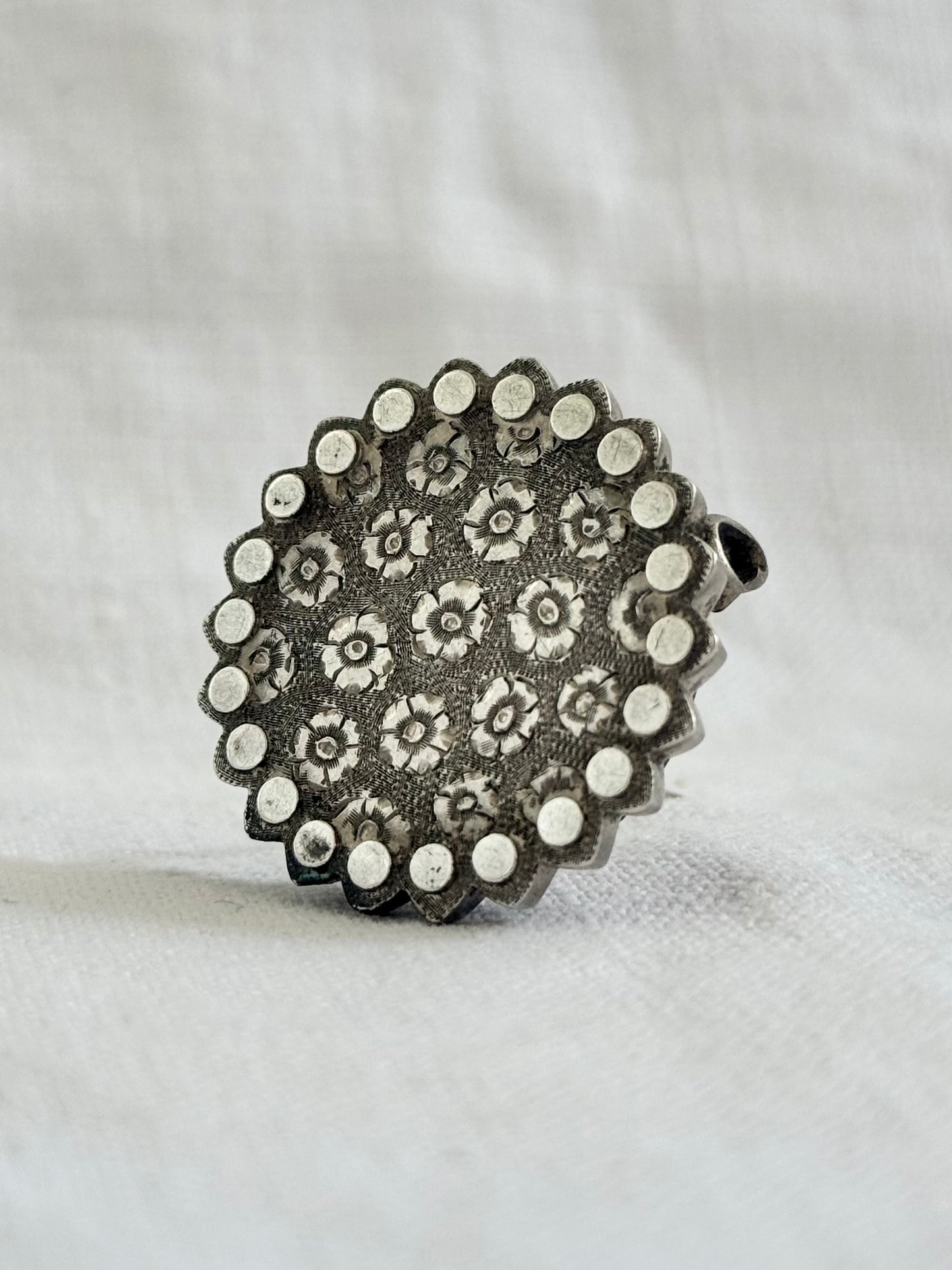 .1800s .1880s .1890s .925 Etruscan revival Victorian silver floral engraved target circle brooch locket