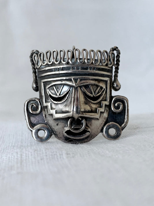 .925 1960s Aztec Mexico Mexican Mask sterling silver character pendant brooch