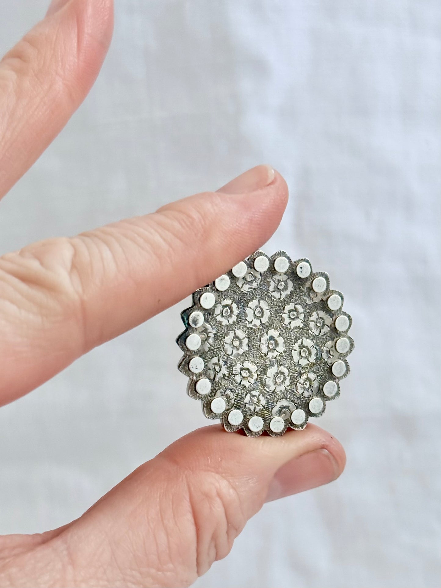 .1800s .1880s .1890s .925 Etruscan revival Victorian silver floral engraved target circle brooch locket