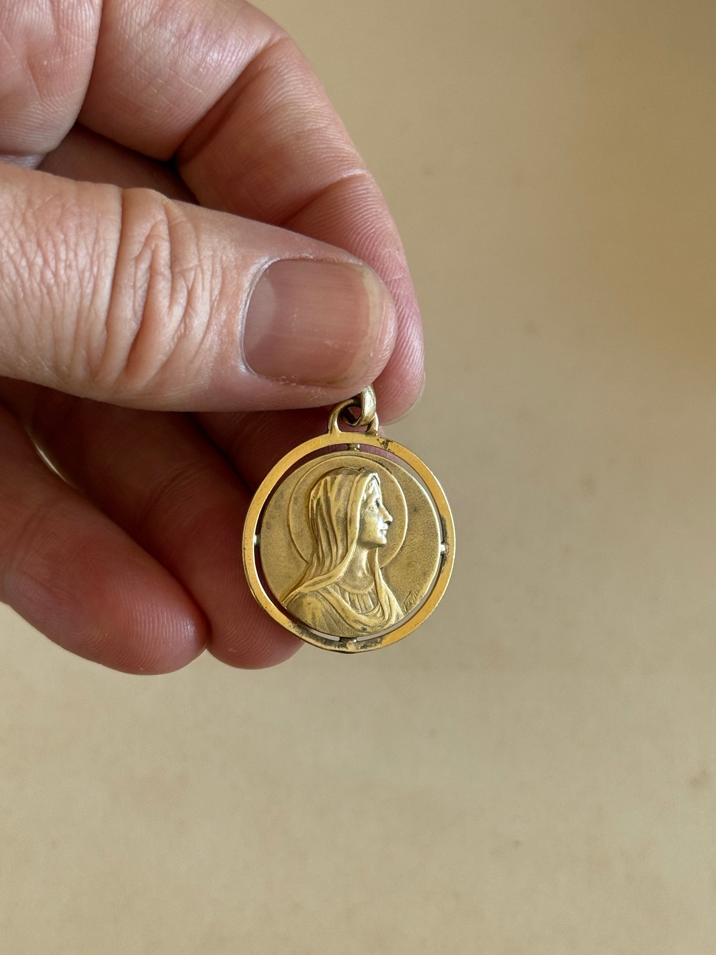 1900s .1930s Gold Fill Religious Holy Virgin Mother Maria French Lourdes Roman Catholic signed medallion token pendant