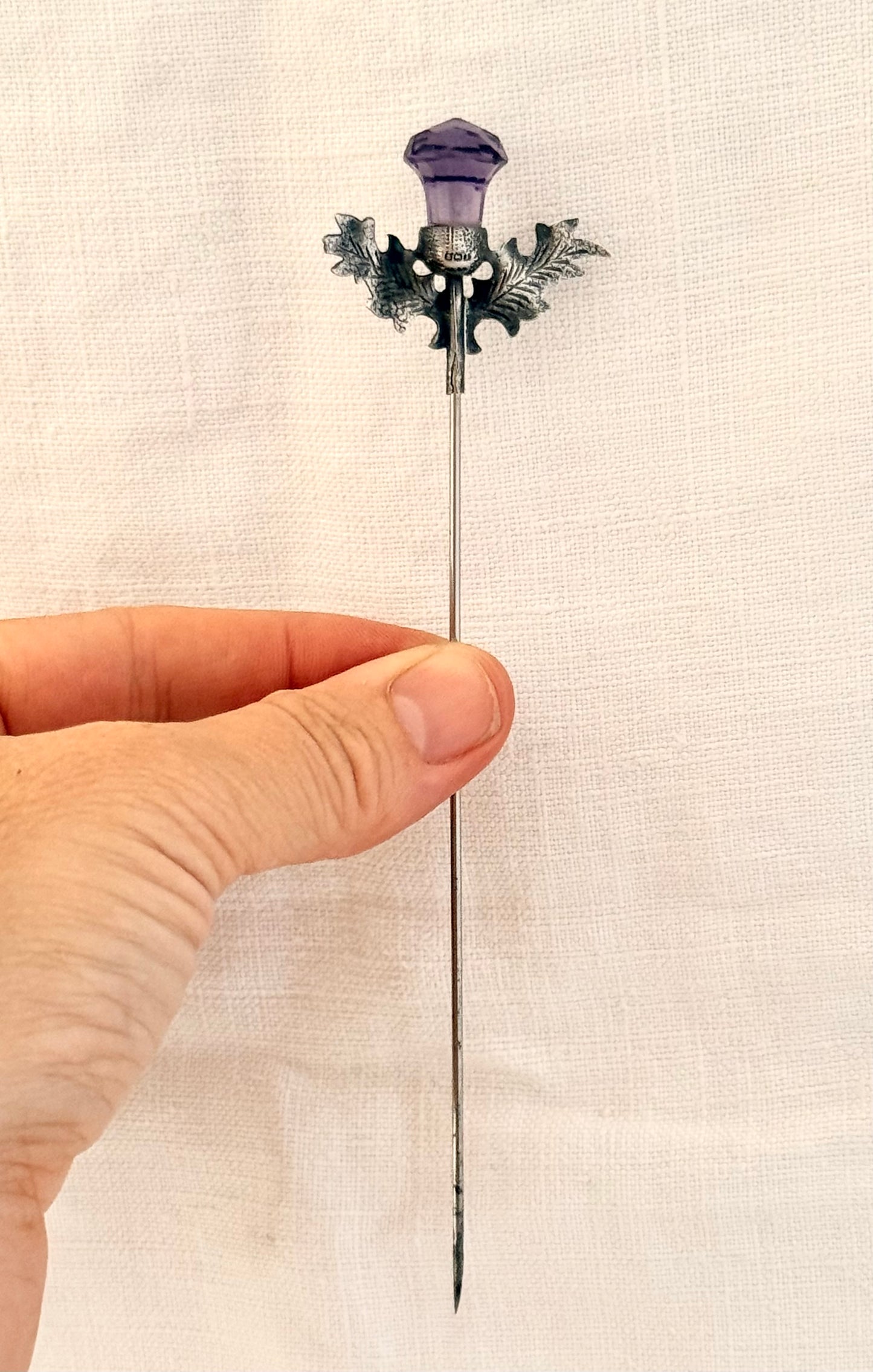 .1910 .925 antique Edwardian Scottish Thistle Amethyst paste gemstone long hatpin collectors heirloom piece